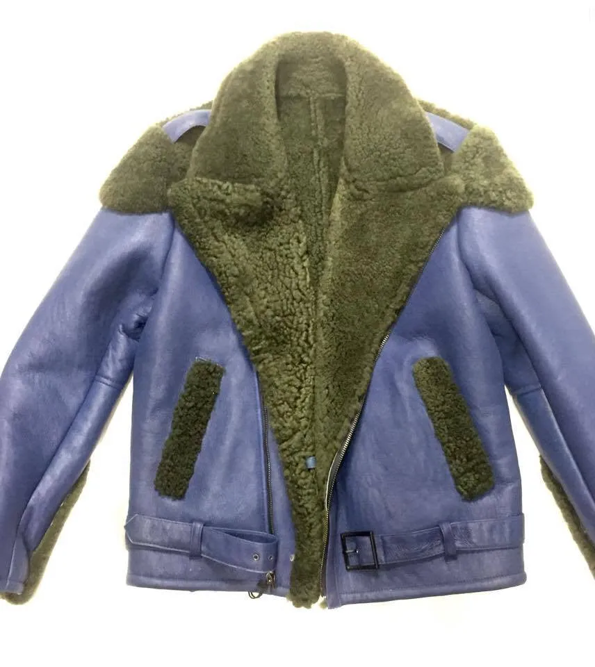 Kashani - Green/Blue Biker Style Shearling Jacket