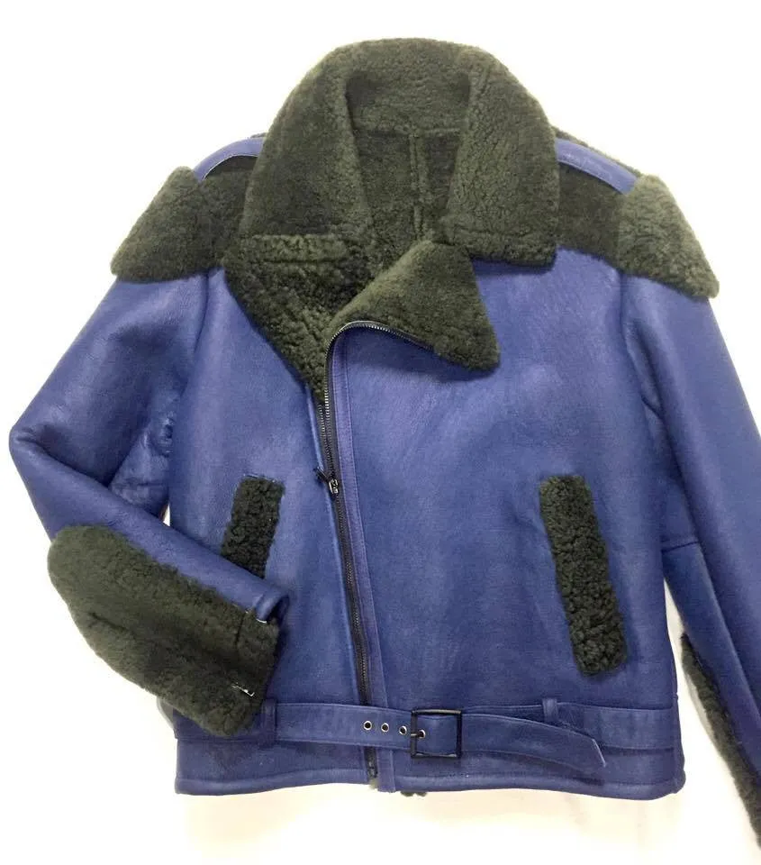 Kashani - Green/Blue Biker Style Shearling Jacket