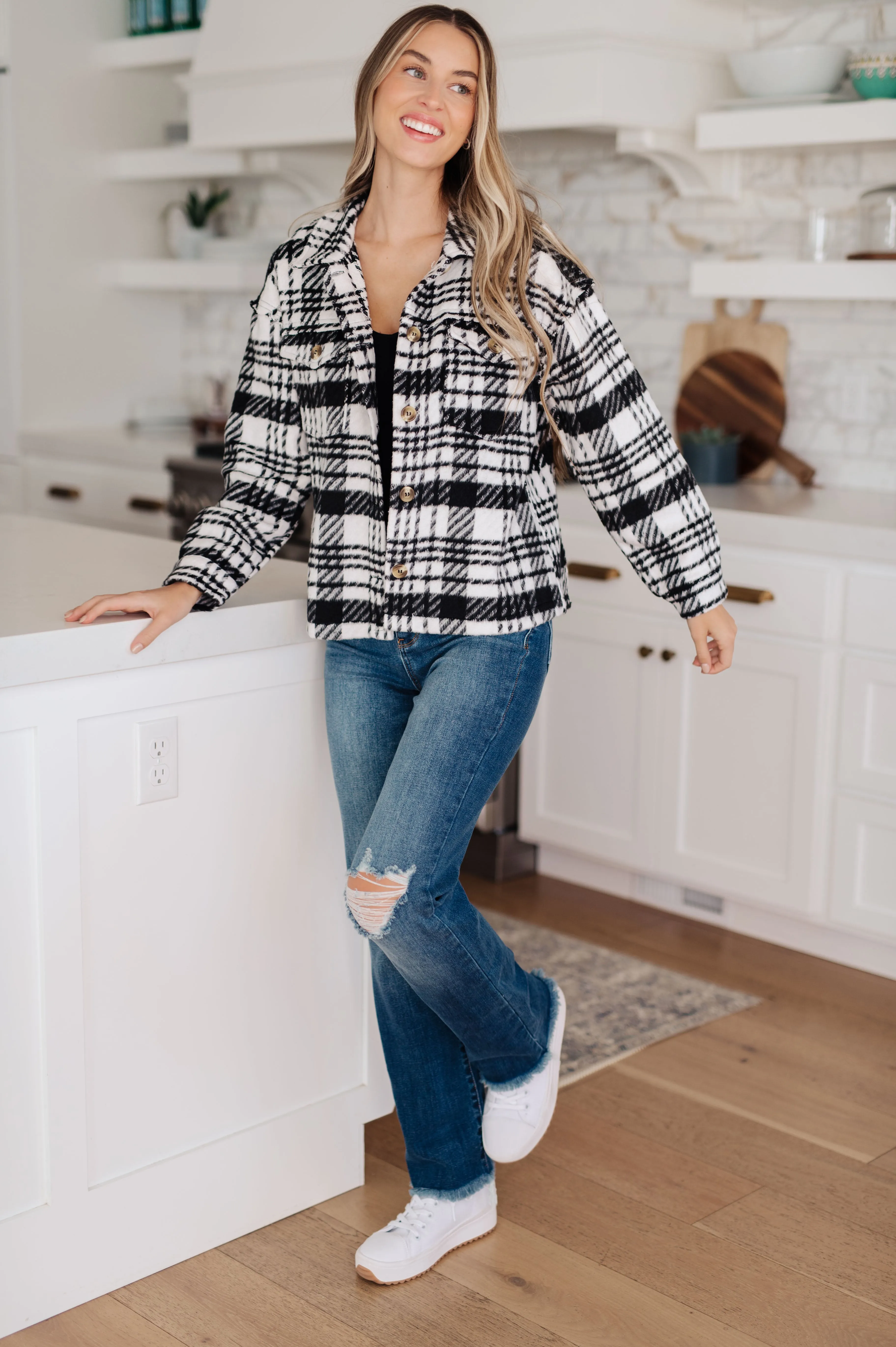 Kate Plaid Jacket in Black & White - JODIFL