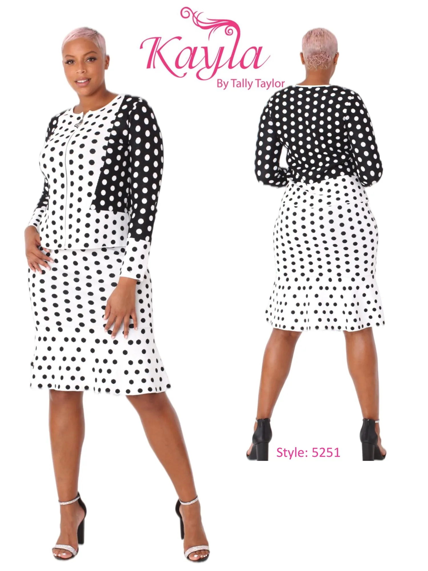 Kayla 5251 Two-tone Polka Dot Knit 2pc Jacket Dress