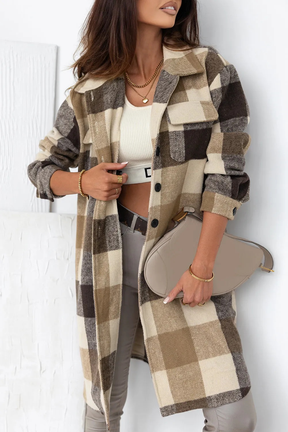 Khaki Plaid Button-Down Flap Pocket Long Shacket