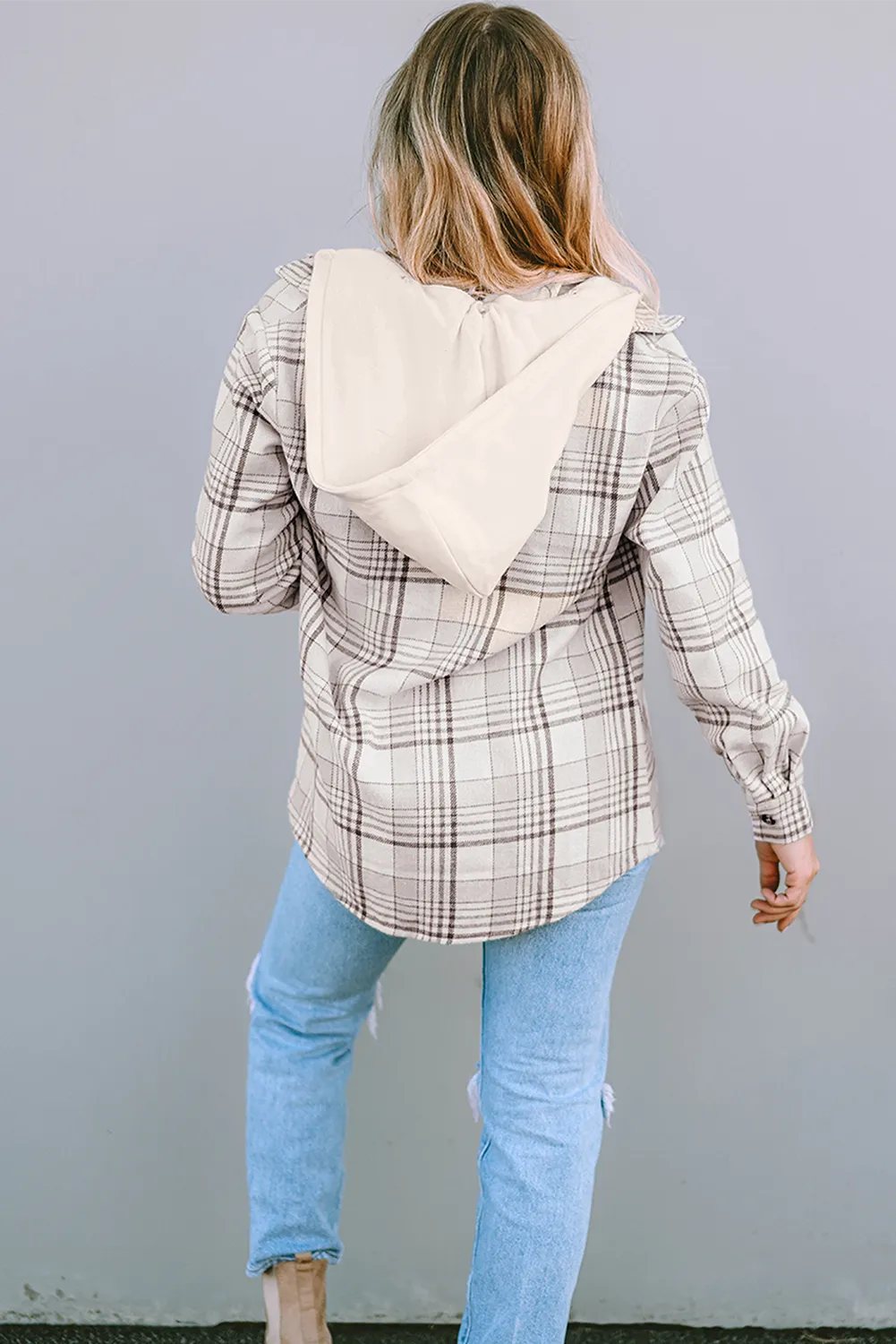 Khaki Plaid Removable Hood Buttoned Shacket