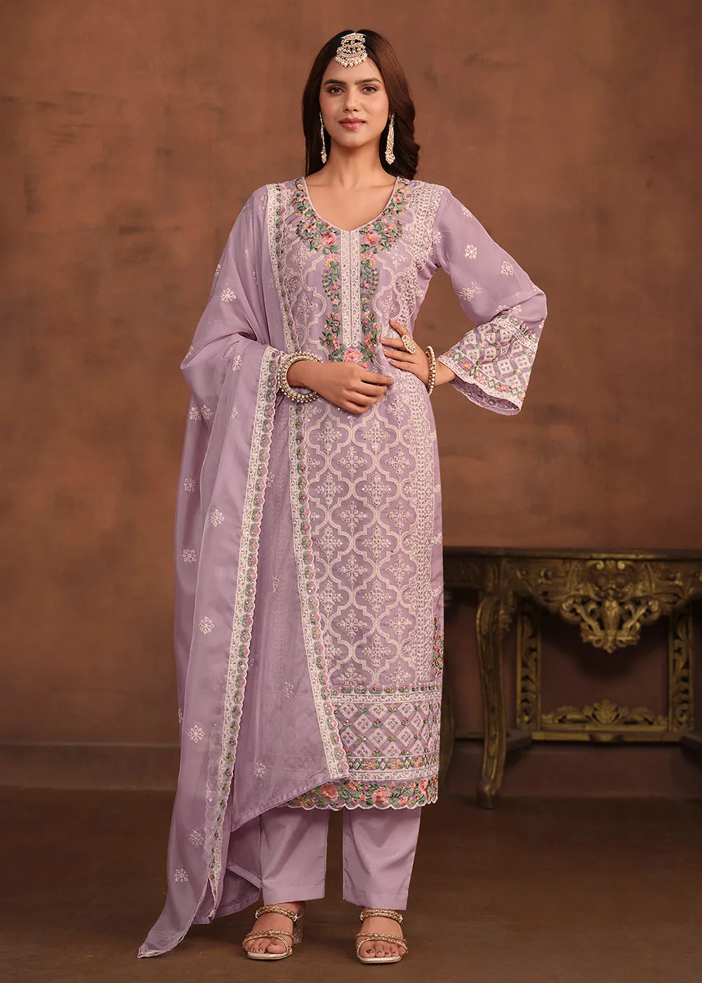 Lavender Soft Organza Embroidered Festive Salwar Suit