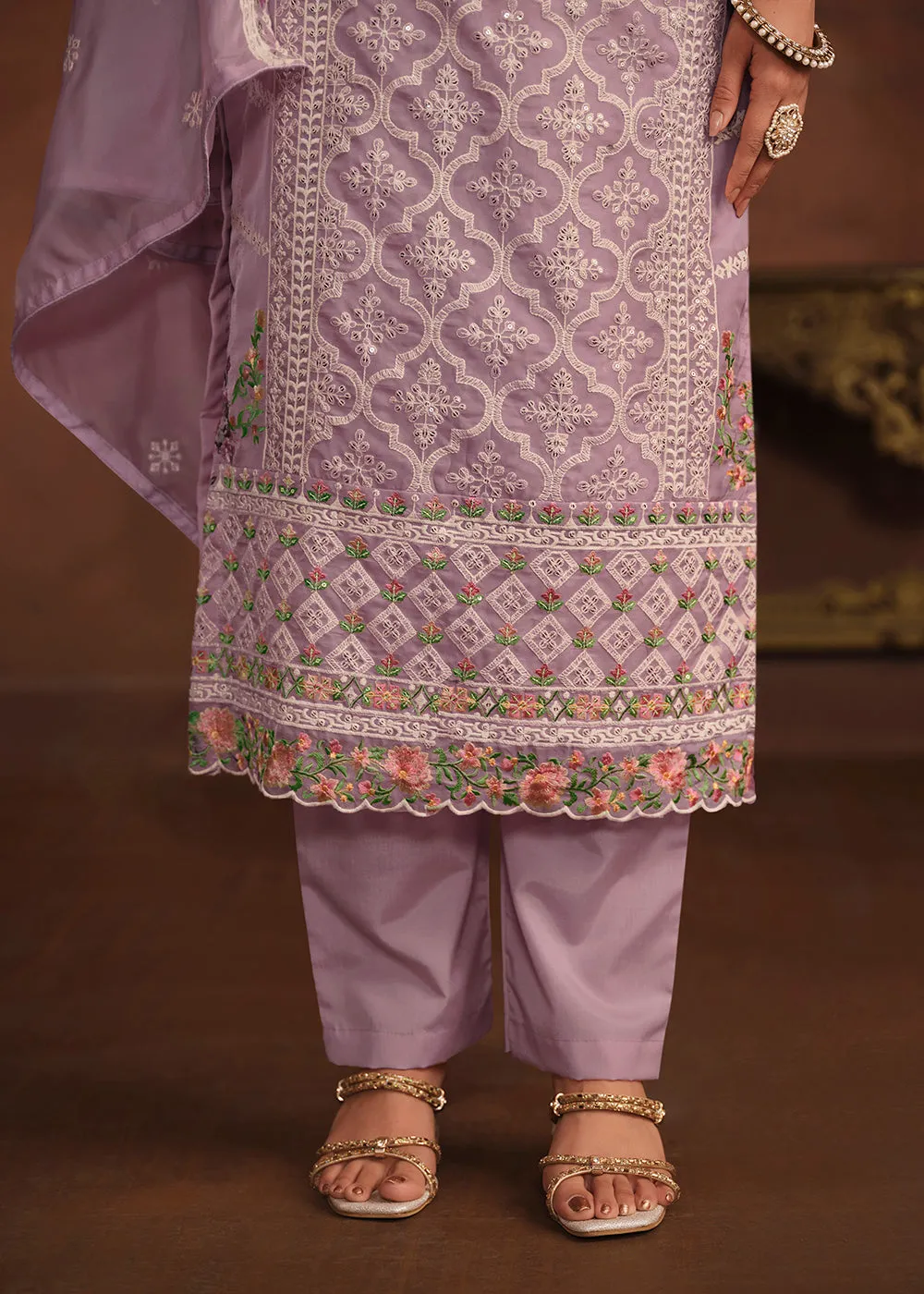 Lavender Soft Organza Embroidered Festive Salwar Suit