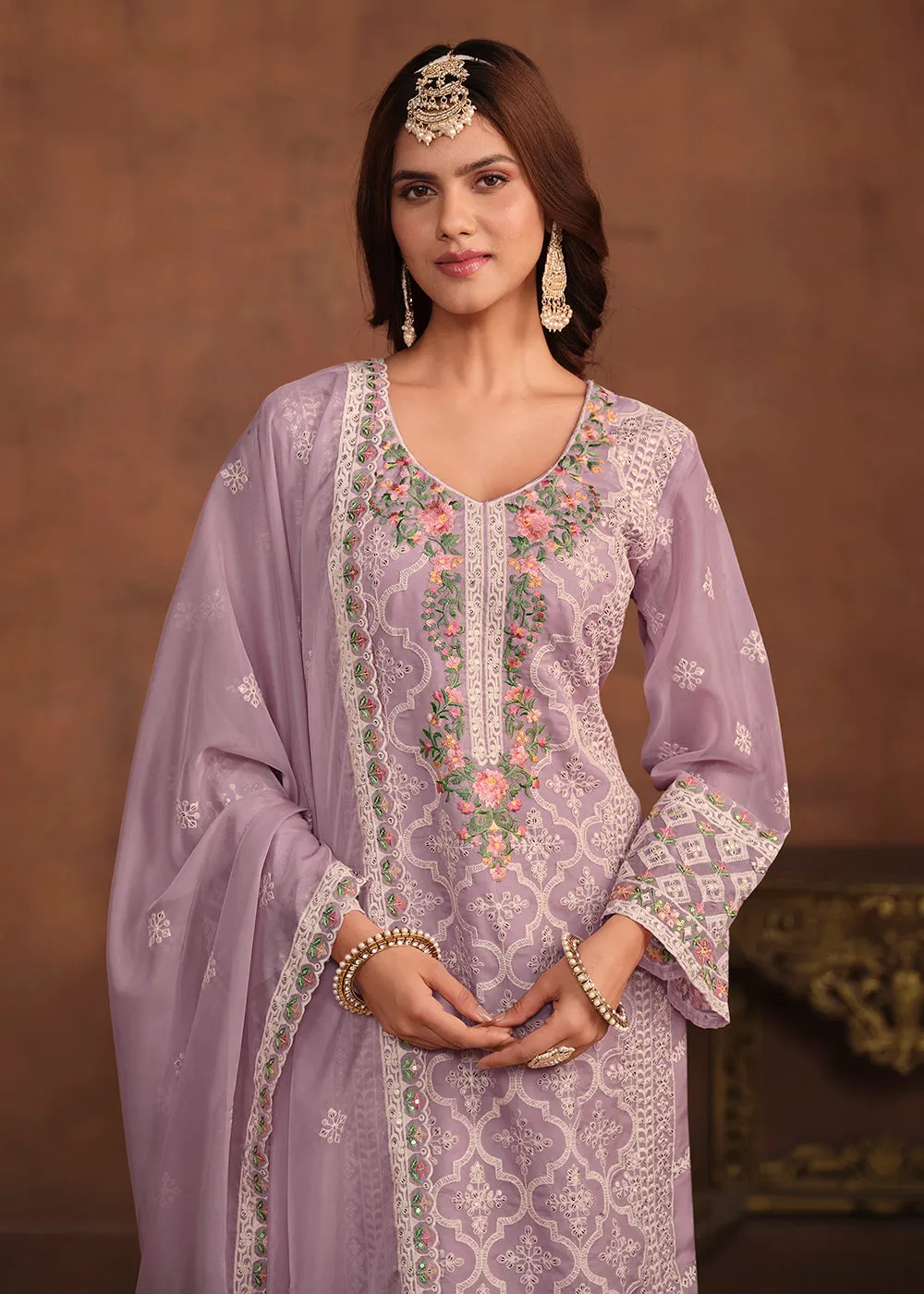 Lavender Soft Organza Embroidered Festive Salwar Suit