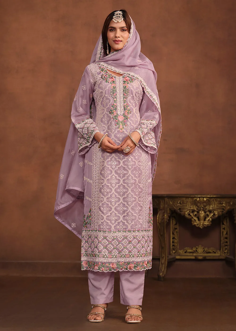 Lavender Soft Organza Embroidered Festive Salwar Suit