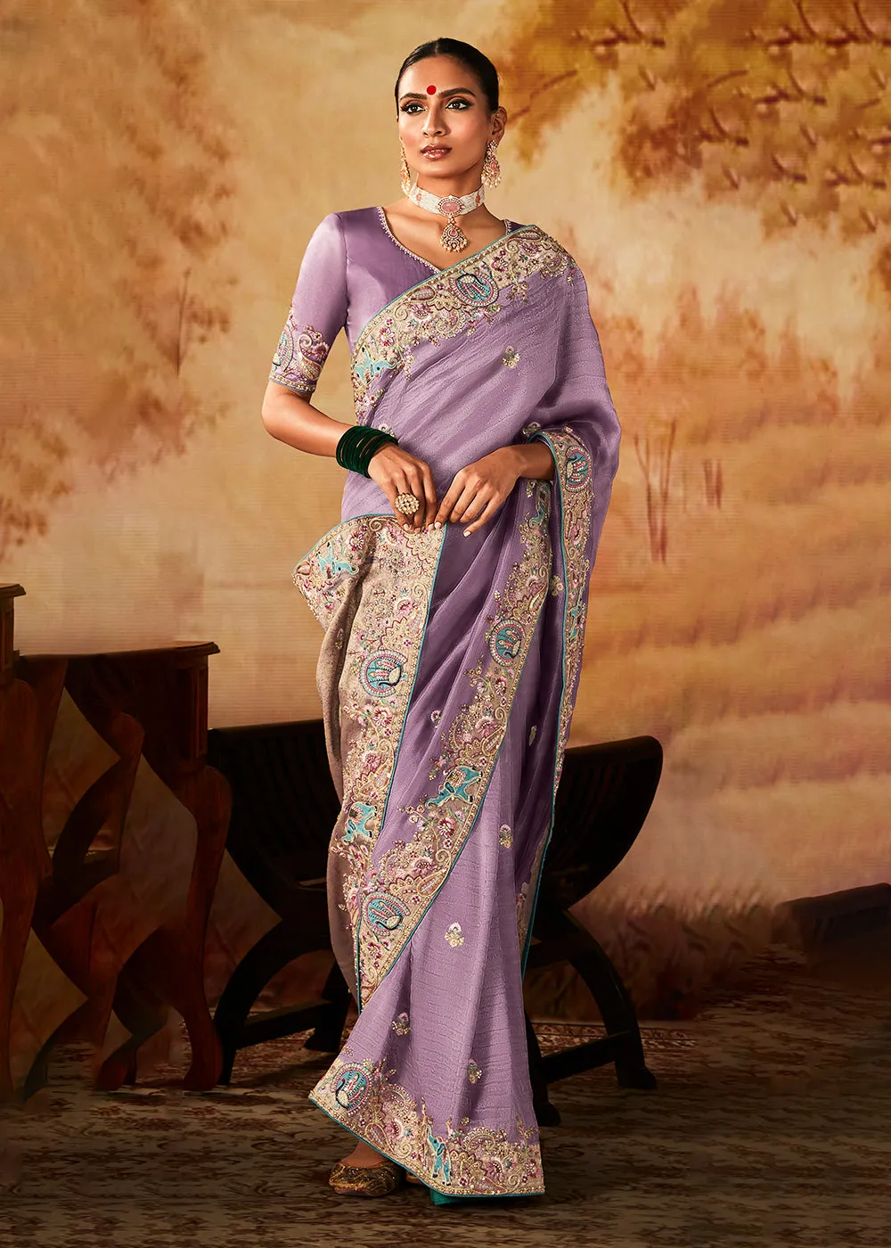 Lavender Wedding Wear Embroidered Kanjivaram Silk Saree