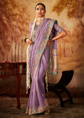 Lavender Wedding Wear Embroidered Kanjivaram Silk Saree