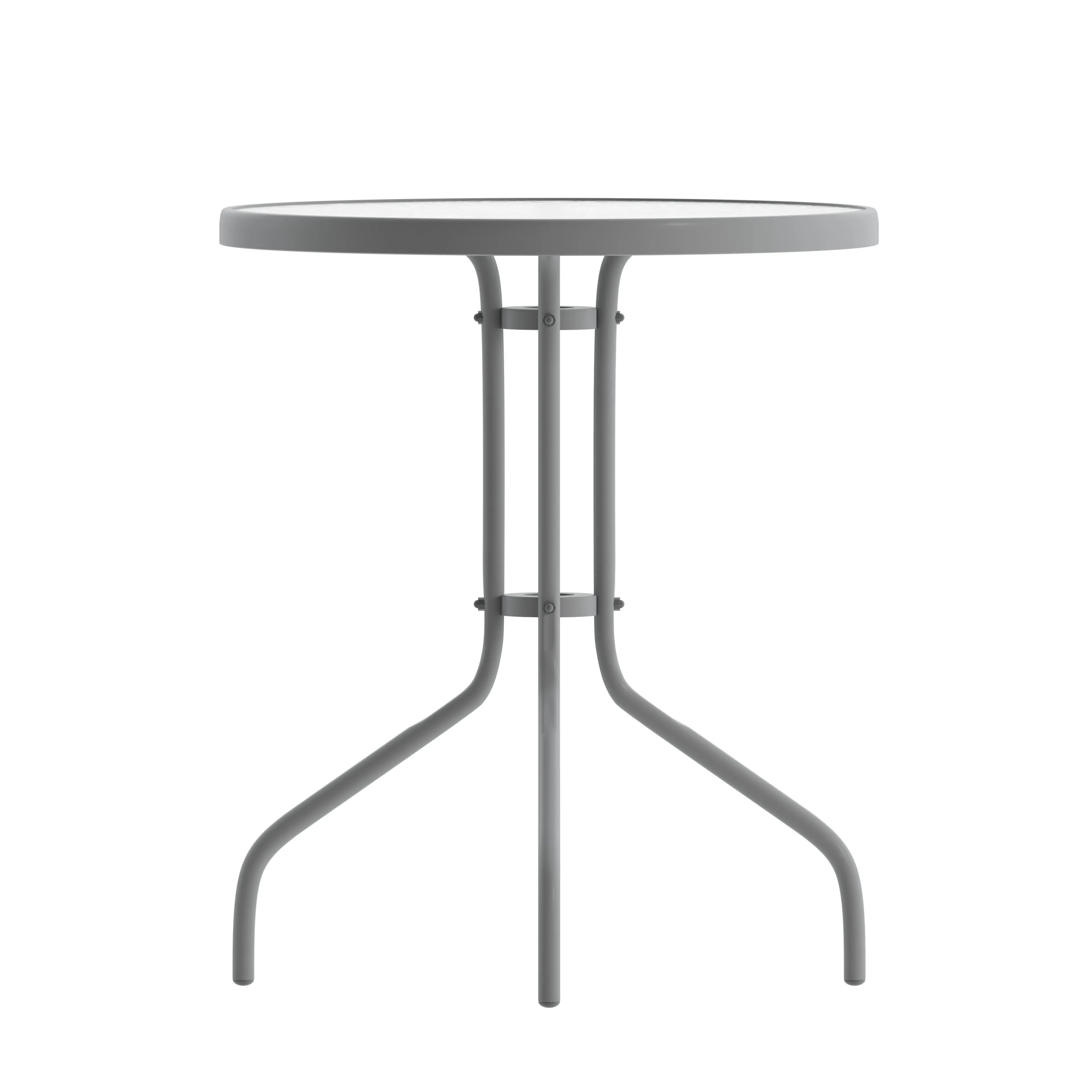 Lila 23.75'' Round Glass Metal Table with 2 Metal Aluminum Slat Stack Chairs