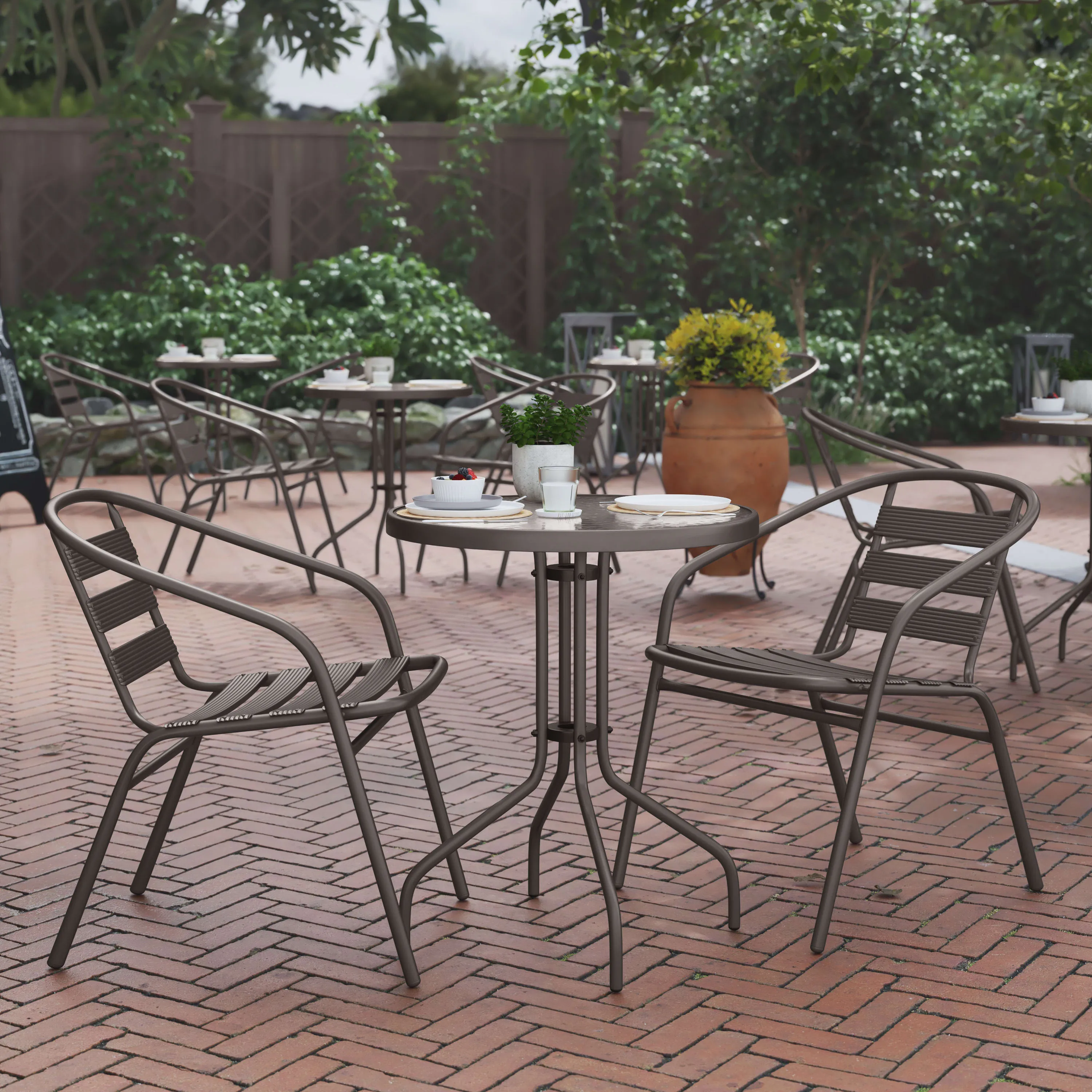 Lila 23.75'' Round Glass Metal Table with 2 Metal Aluminum Slat Stack Chairs