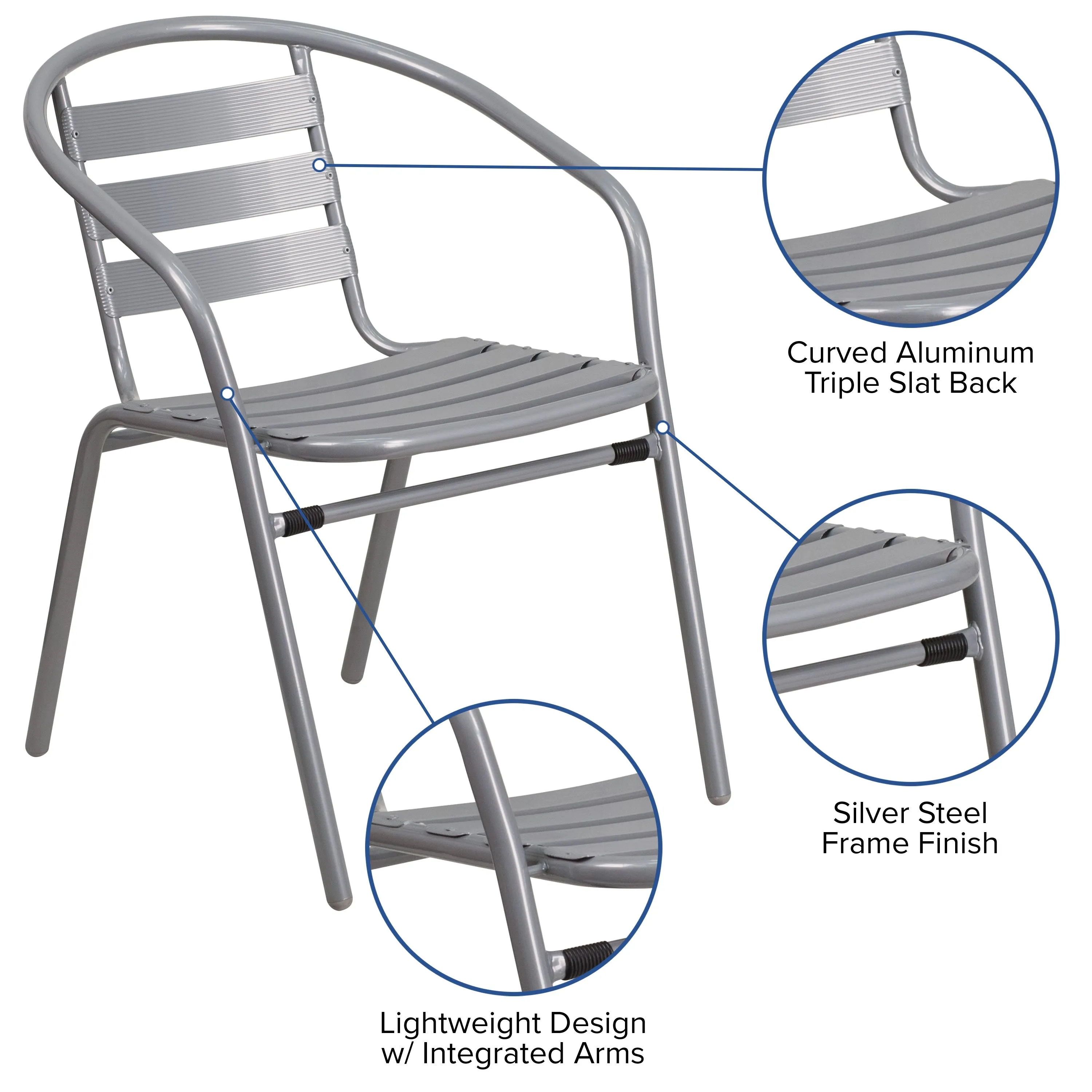 Lila 23.75'' Round Glass Metal Table with 2 Metal Aluminum Slat Stack Chairs