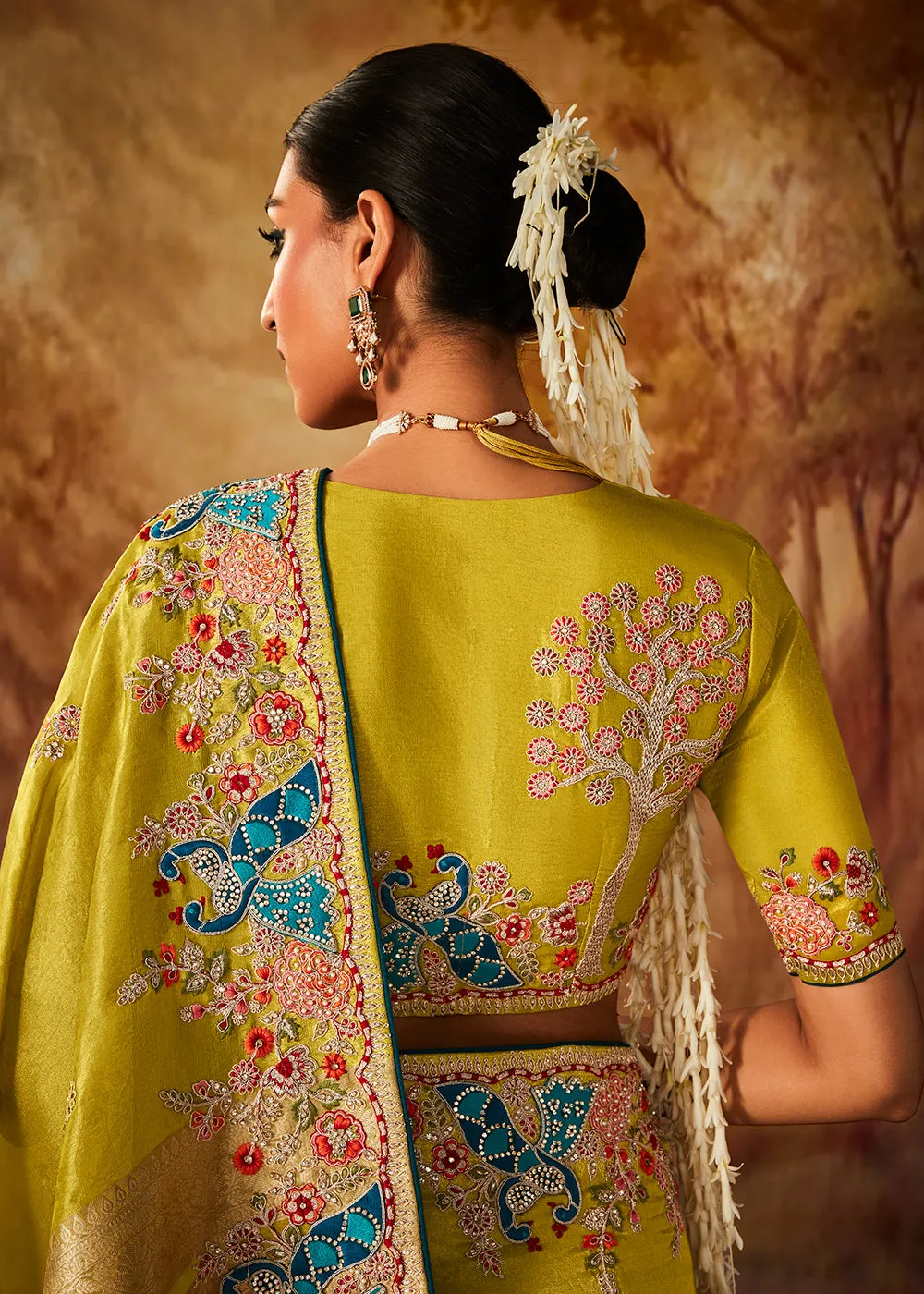 Lime Yellow Wedding Wear Embroidered Kanjivaram Silk Saree