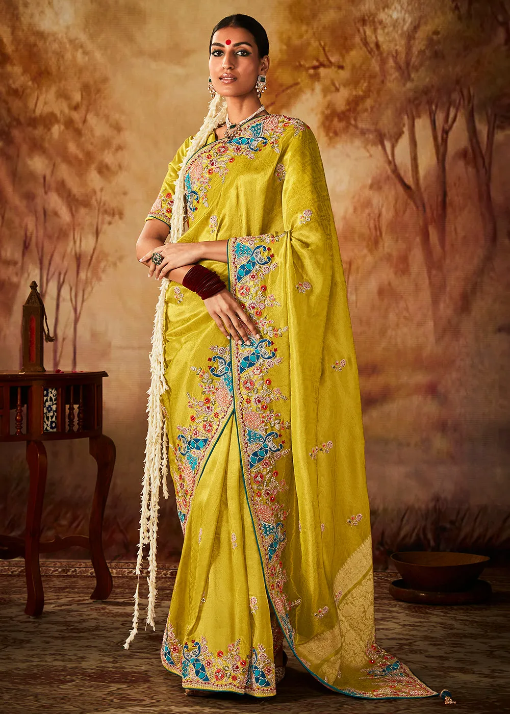 Lime Yellow Wedding Wear Embroidered Kanjivaram Silk Saree