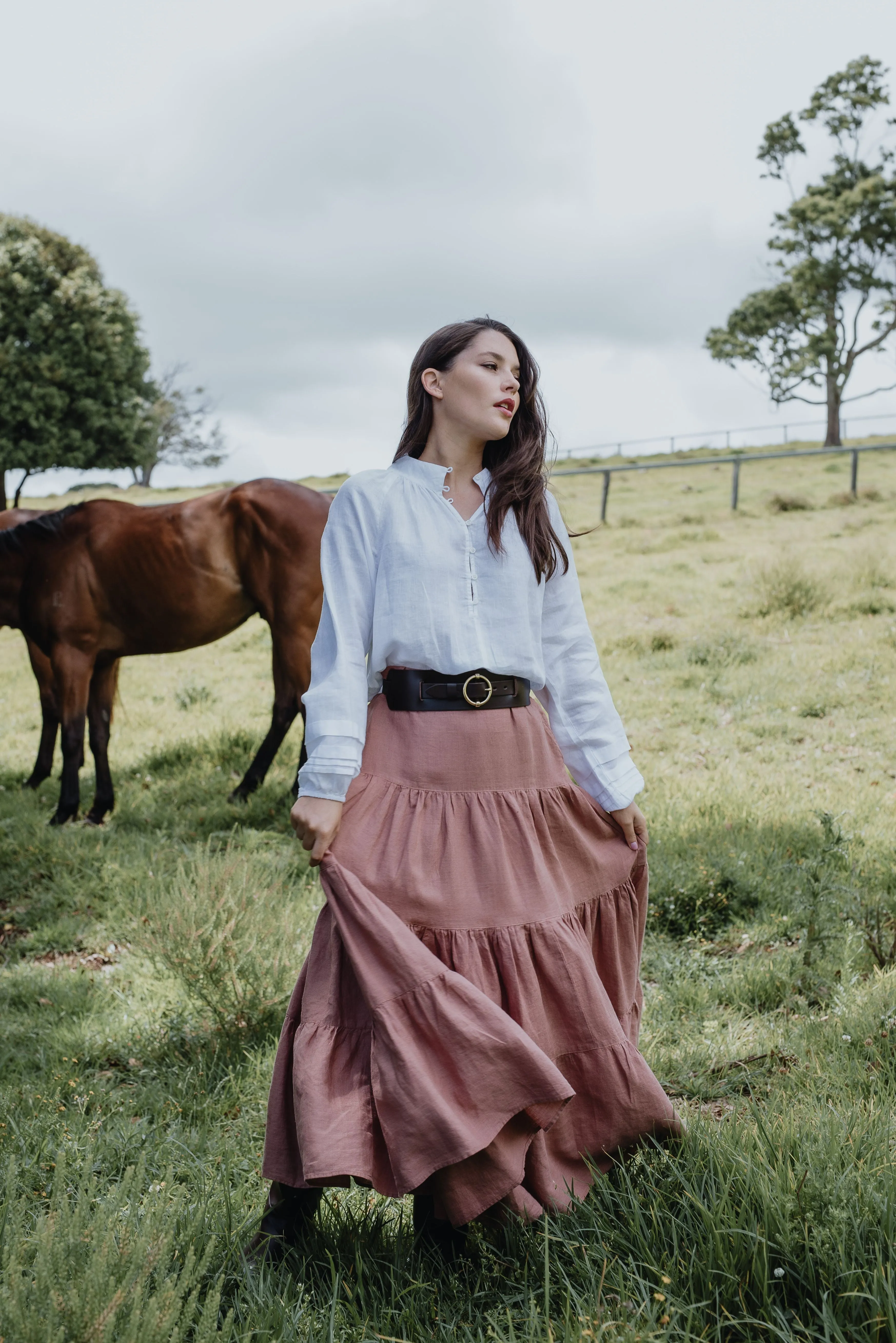 Linen Tiered Skirt Pale Pink