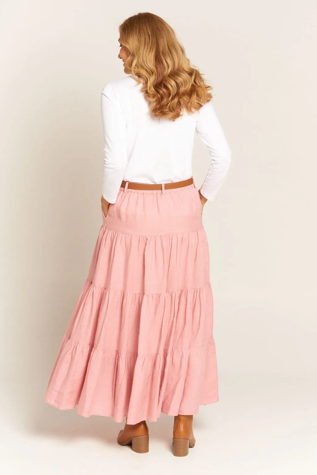 Linen Tiered Skirt Pale Pink