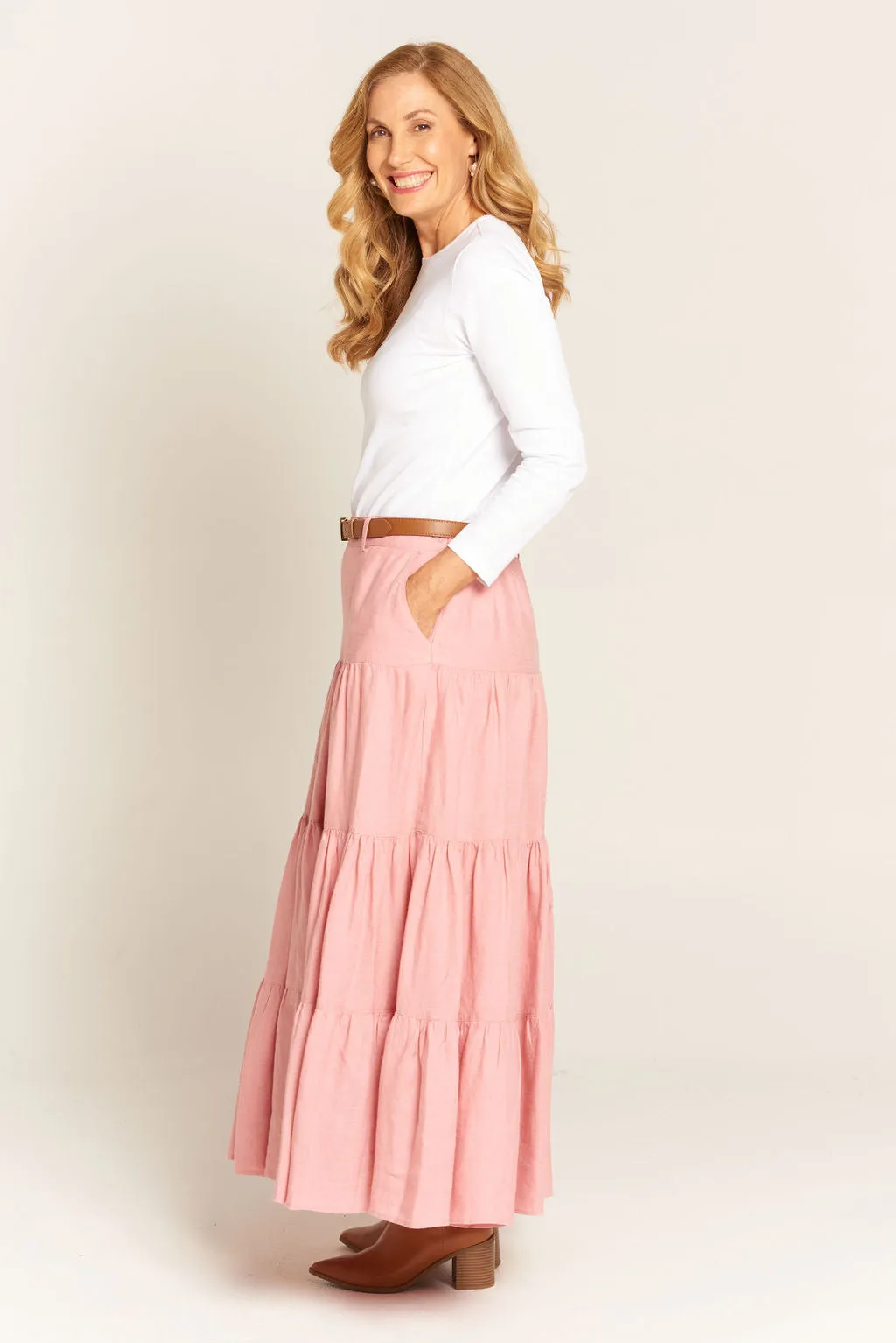 Linen Tiered Skirt Pale Pink