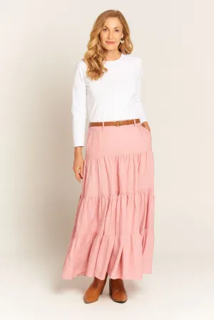 Linen Tiered Skirt Pale Pink