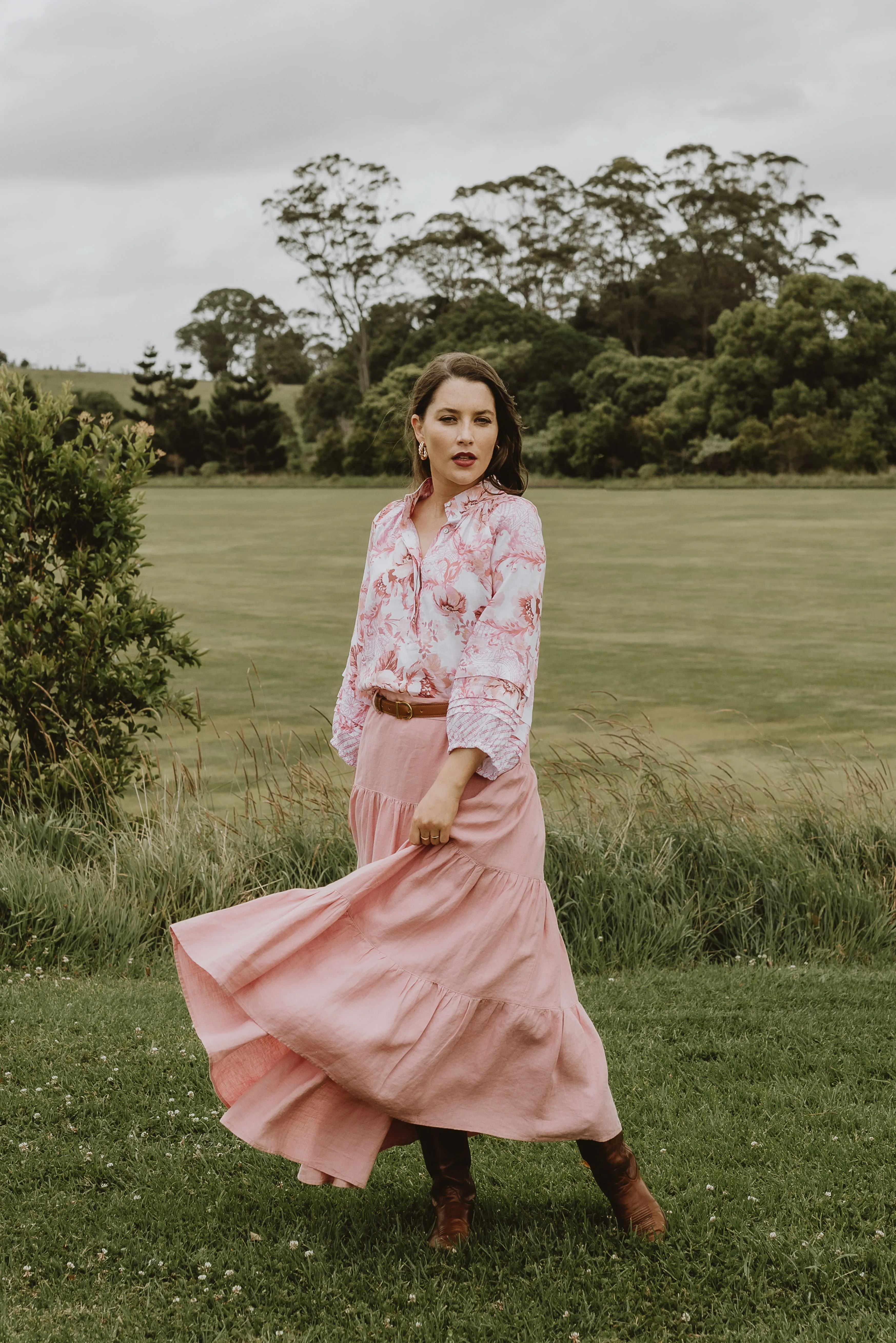 Linen Tiered Skirt Pale Pink