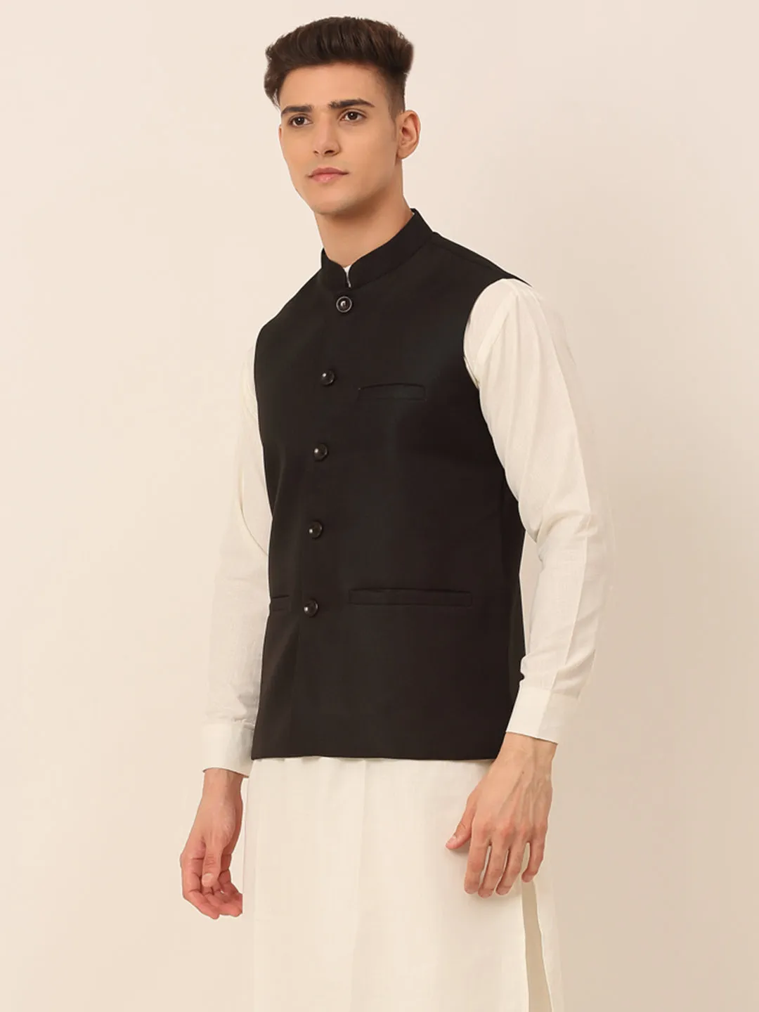 Men Black Solid Woven Sleeveless Nehru Jackets