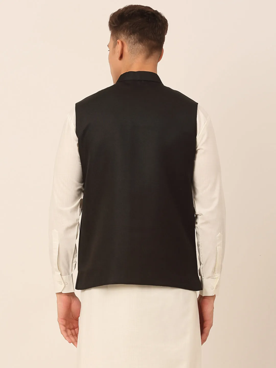 Men Black Solid Woven Sleeveless Nehru Jackets