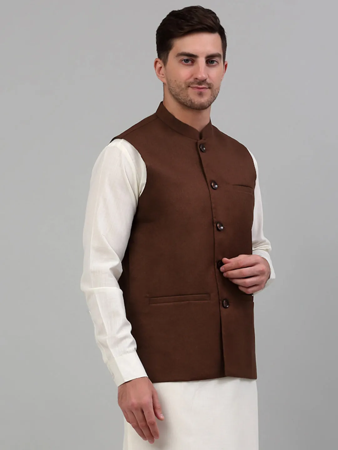 Men Brown Solid Nehru Jacket