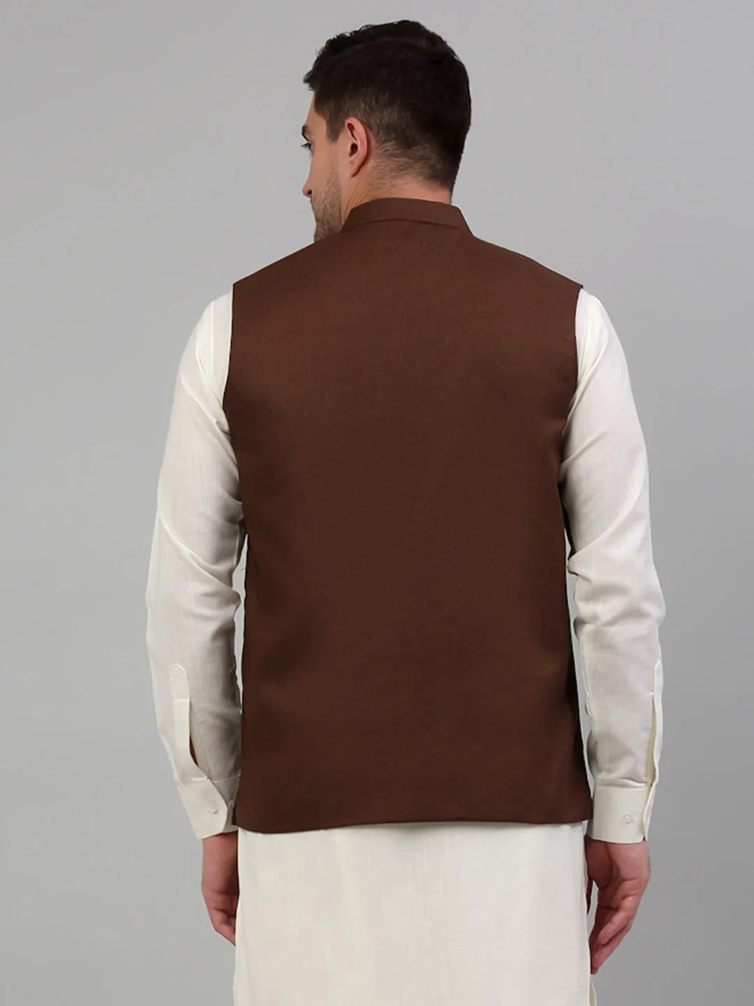 Men Brown Solid Nehru Jacket