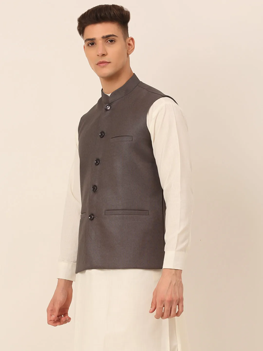 Men Charcoal Grey Solid Woven Sleeveless Nehru Jackets