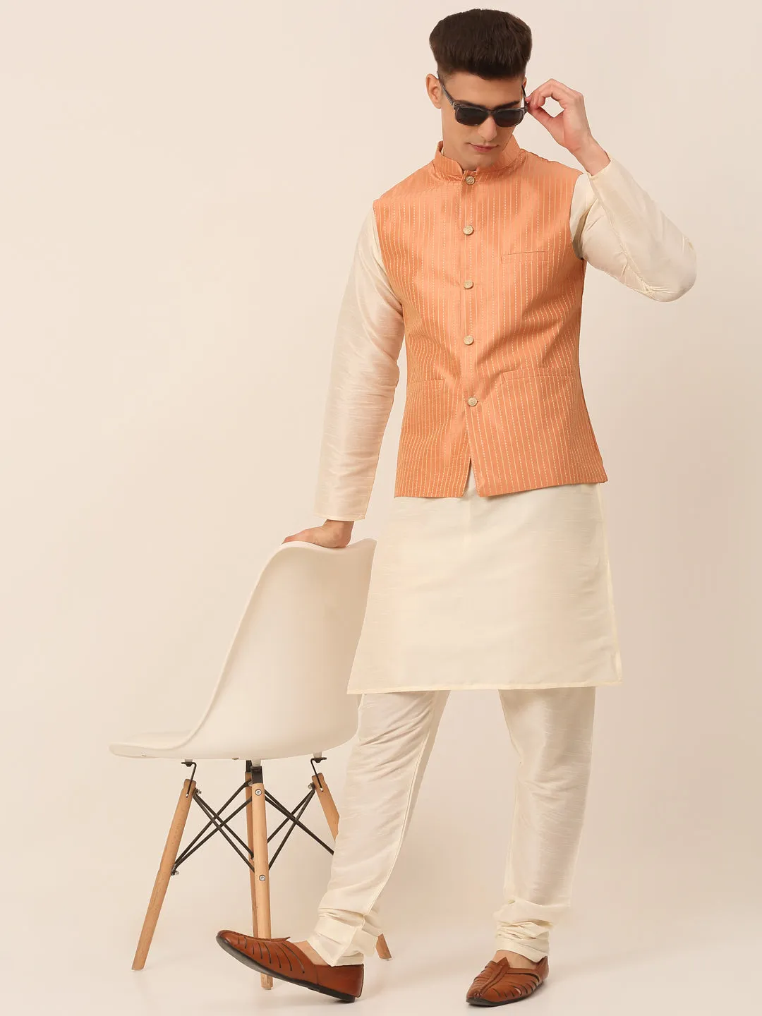 Men Peach & Golden Embroidered Nehru Jackets