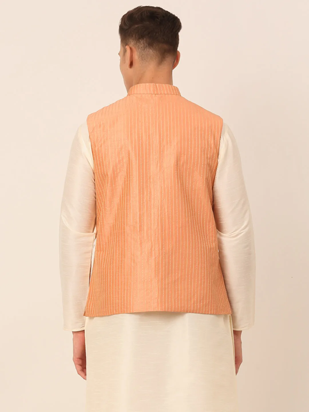 Men Peach & Golden Embroidered Nehru Jackets