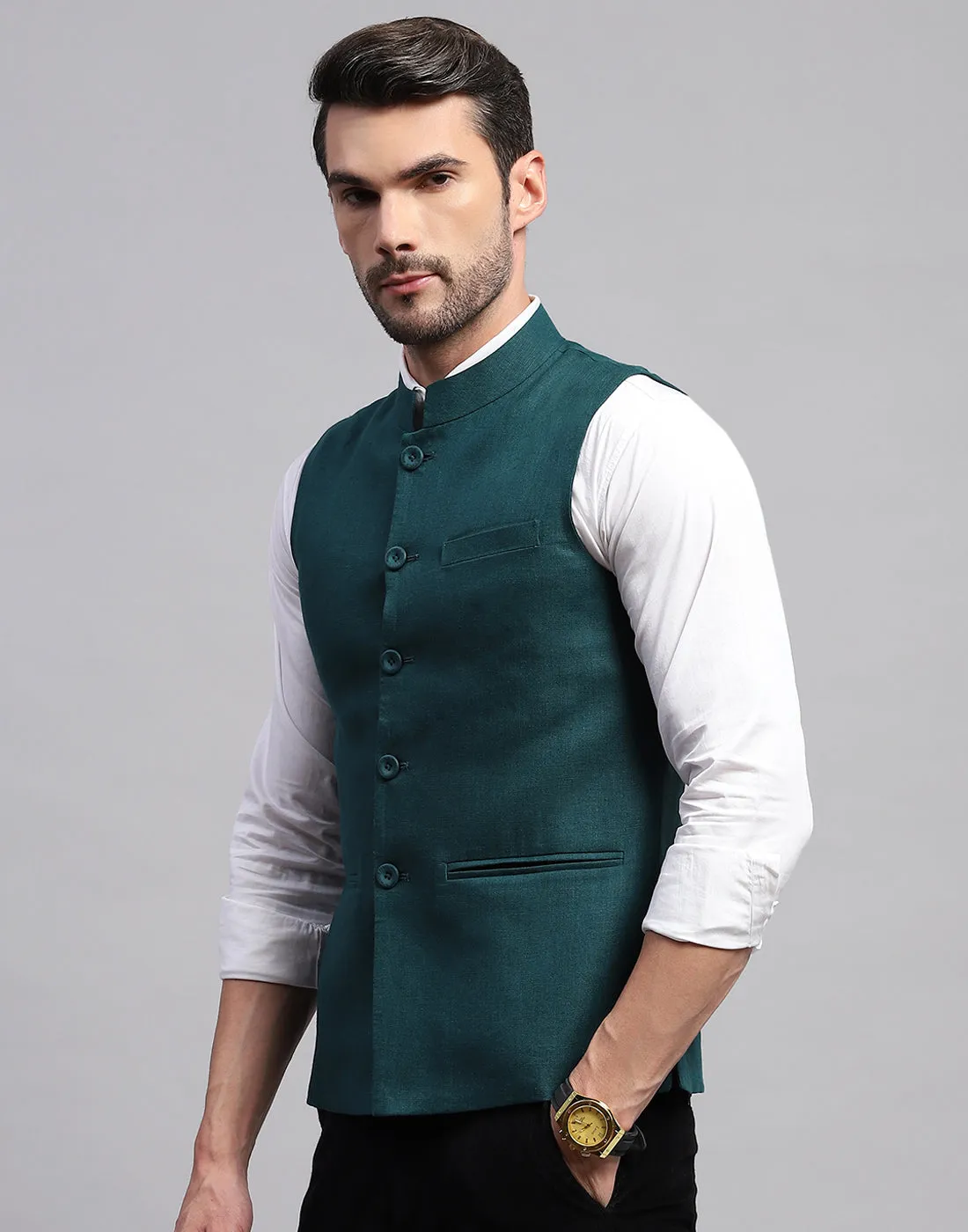 Men Teal Blue Solid Band Collar Sleeveless Nehru Jacket