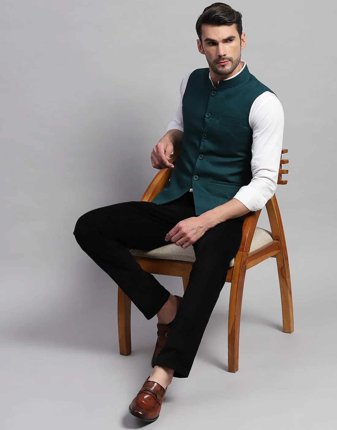 Men Teal Blue Solid Band Collar Sleeveless Nehru Jacket