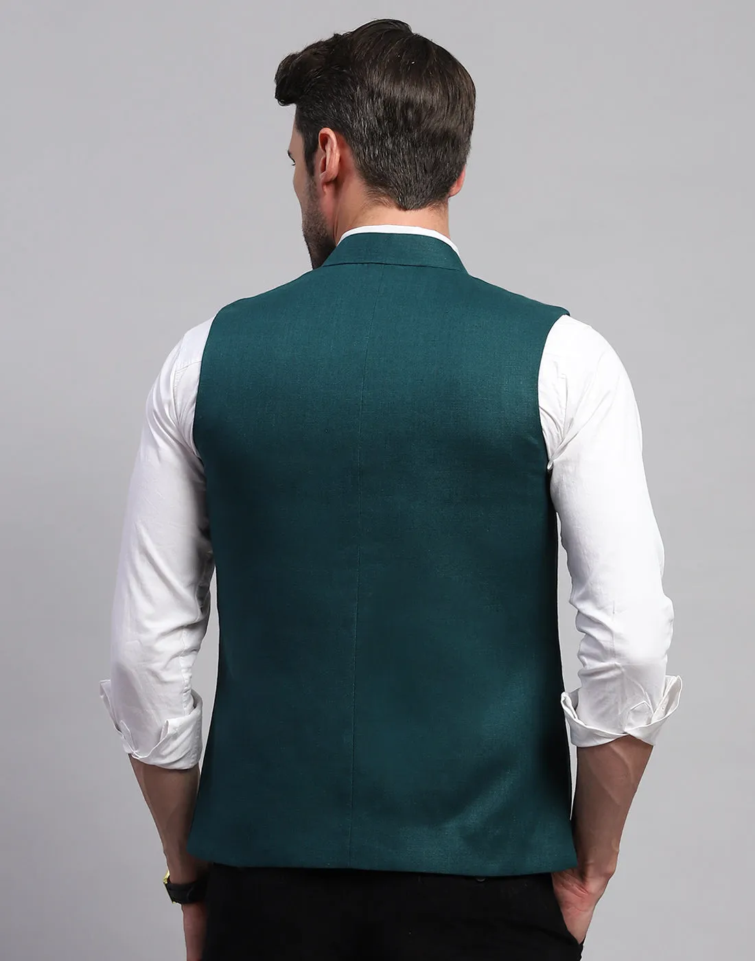 Men Teal Blue Solid Band Collar Sleeveless Nehru Jacket