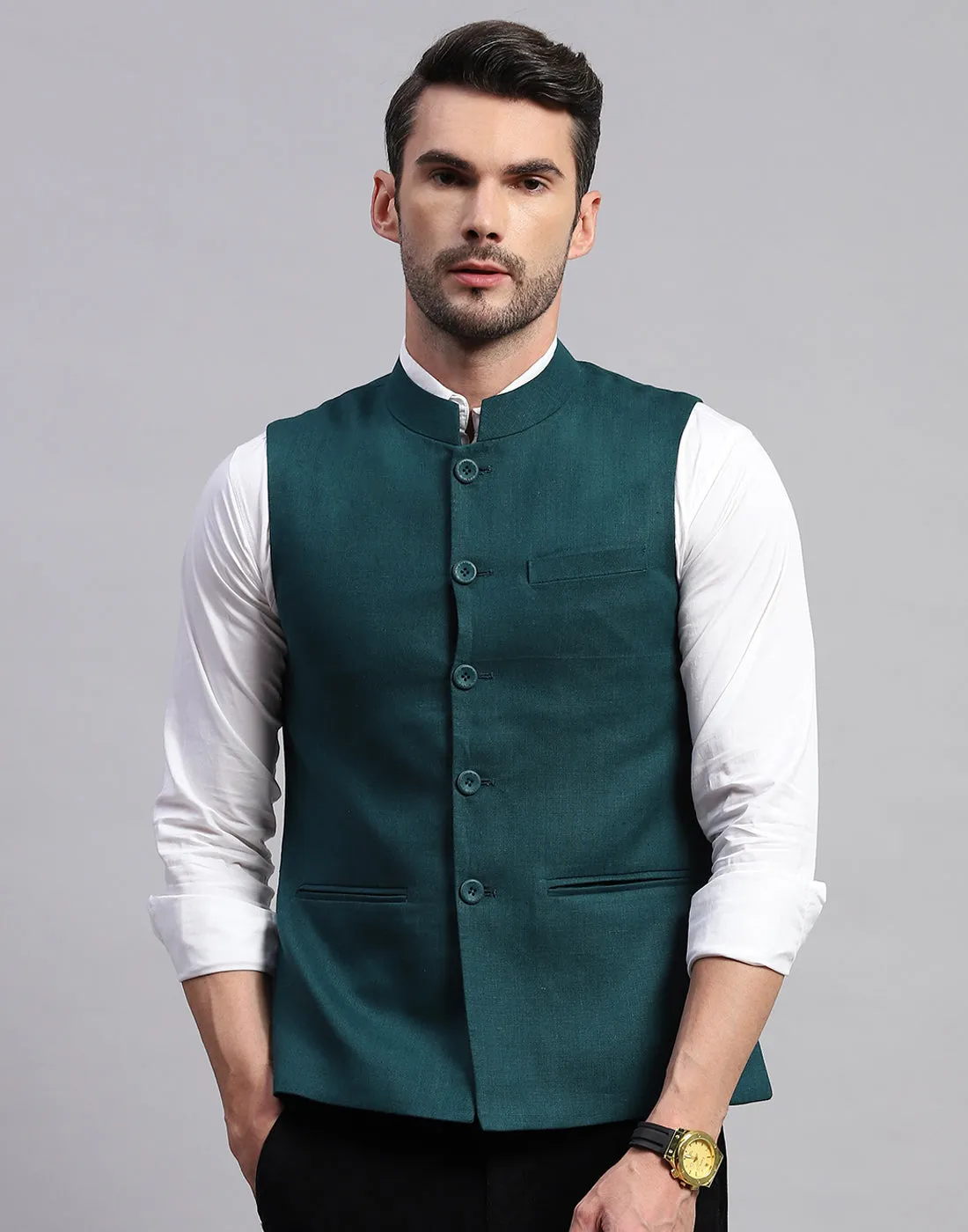 Men Teal Blue Solid Band Collar Sleeveless Nehru Jacket