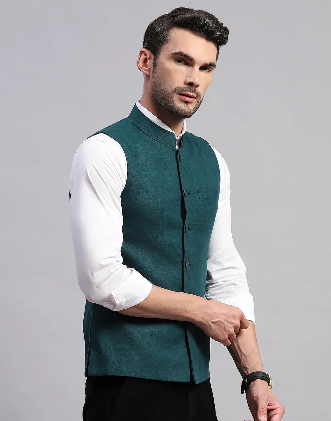 Men Teal Blue Solid Band Collar Sleeveless Nehru Jacket