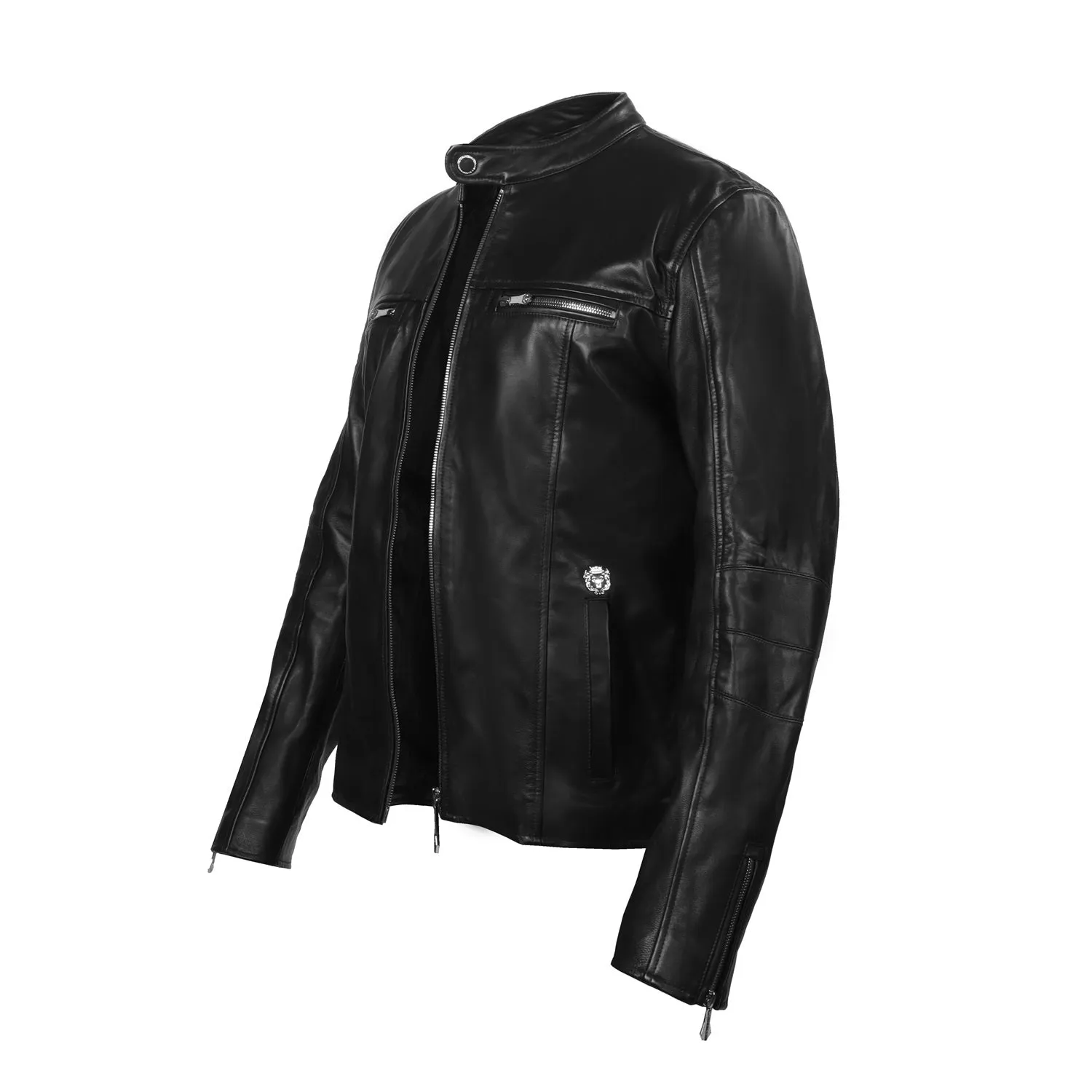 Men's Black leather Jacket with Band Neck Collar Front Zipper Pockets By Brune & Bareskin