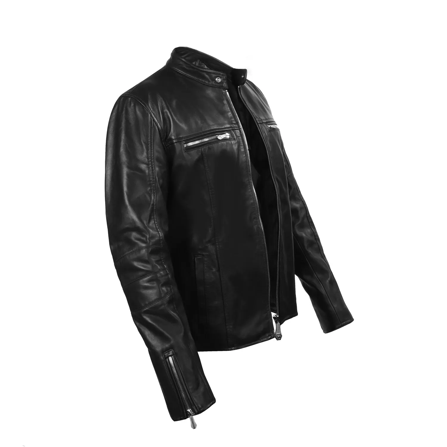 Men's Black leather Jacket with Band Neck Collar Front Zipper Pockets By Brune & Bareskin