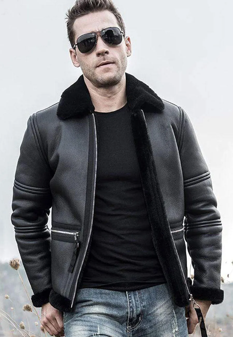 Men’s Black Shearling Flight Aviator Jacket