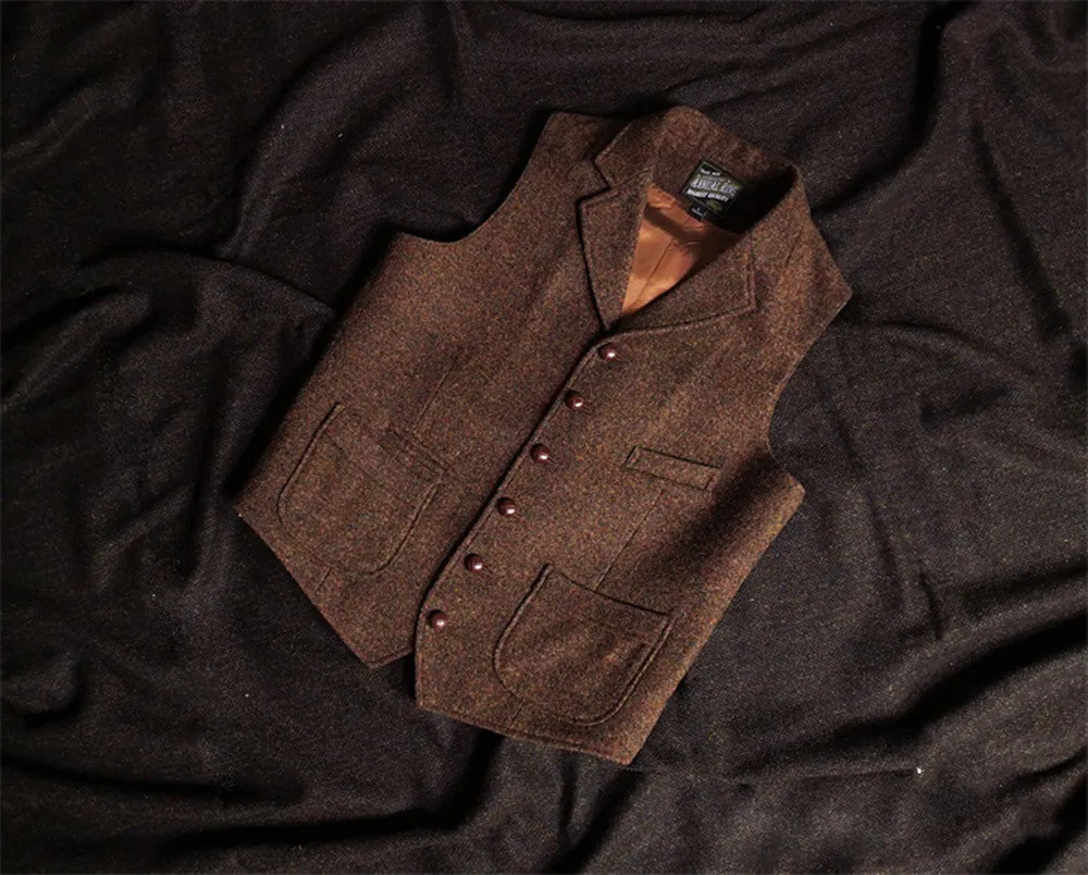 Men's Brown Tweed Hunting Vest Notch Lapel