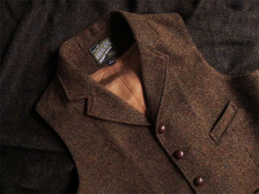 Men's Brown Tweed Hunting Vest Notch Lapel