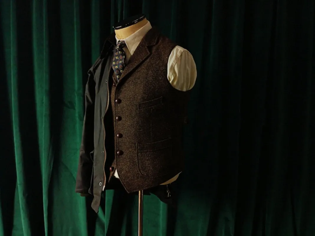 Men's Brown Tweed Hunting Vest Notch Lapel