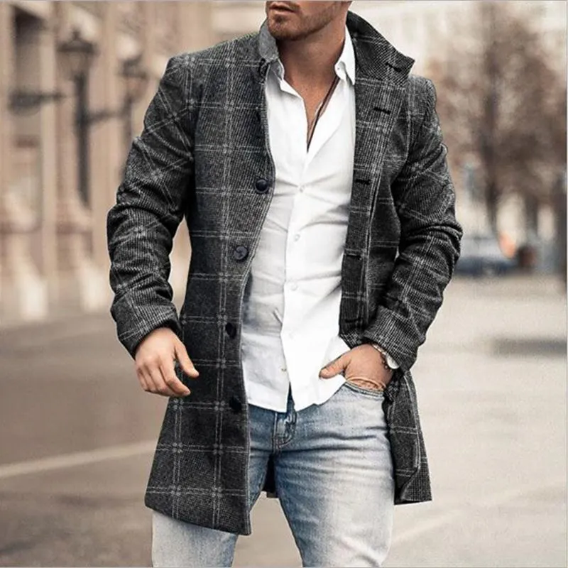 Men's Mid-Length Plaid Print Casual Coat 49509731L