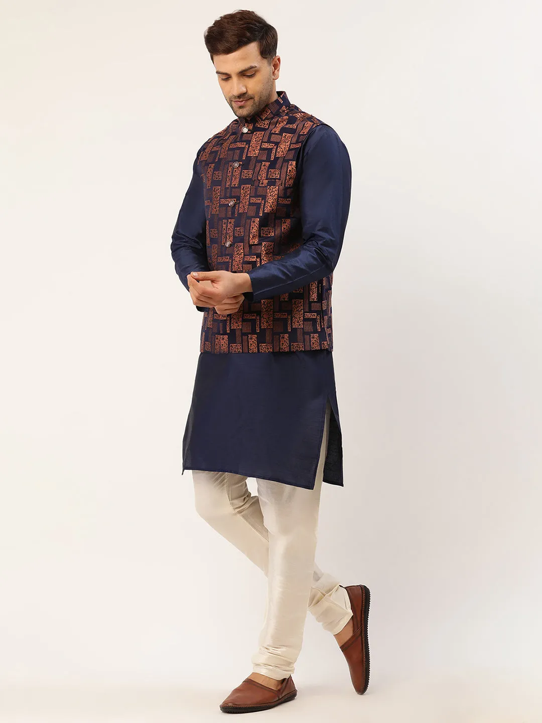 Men's Solid Kurta Pyjama With Bronze Woven Design Nehru Jacket