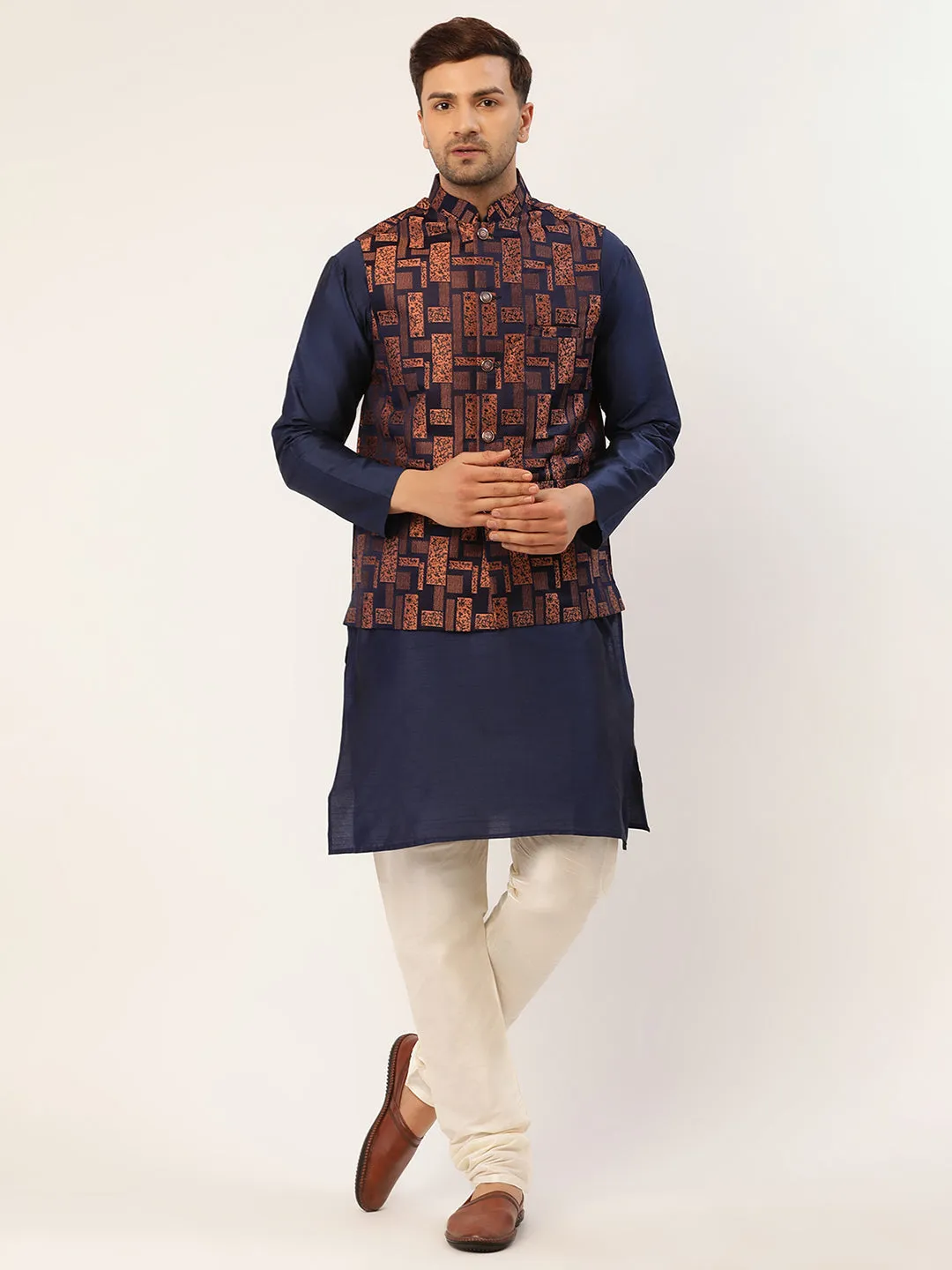 Men's Solid Kurta Pyjama With Bronze Woven Design Nehru Jacket