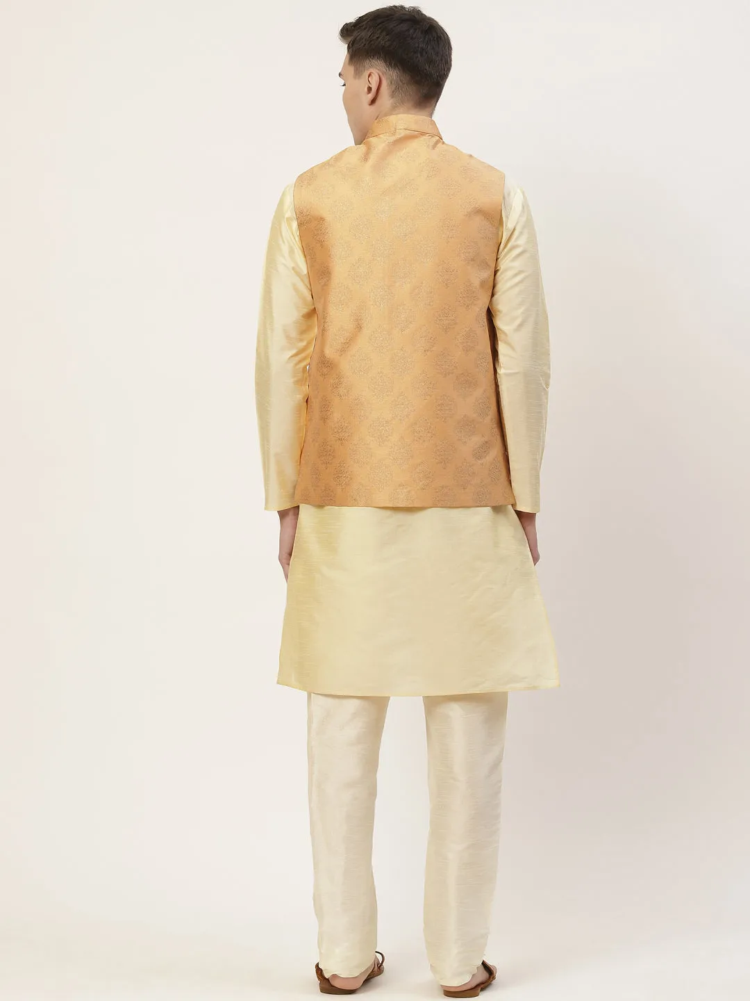 Men's Solid Kurta Pyjama With Floral Peach Printed Nehru Jacket