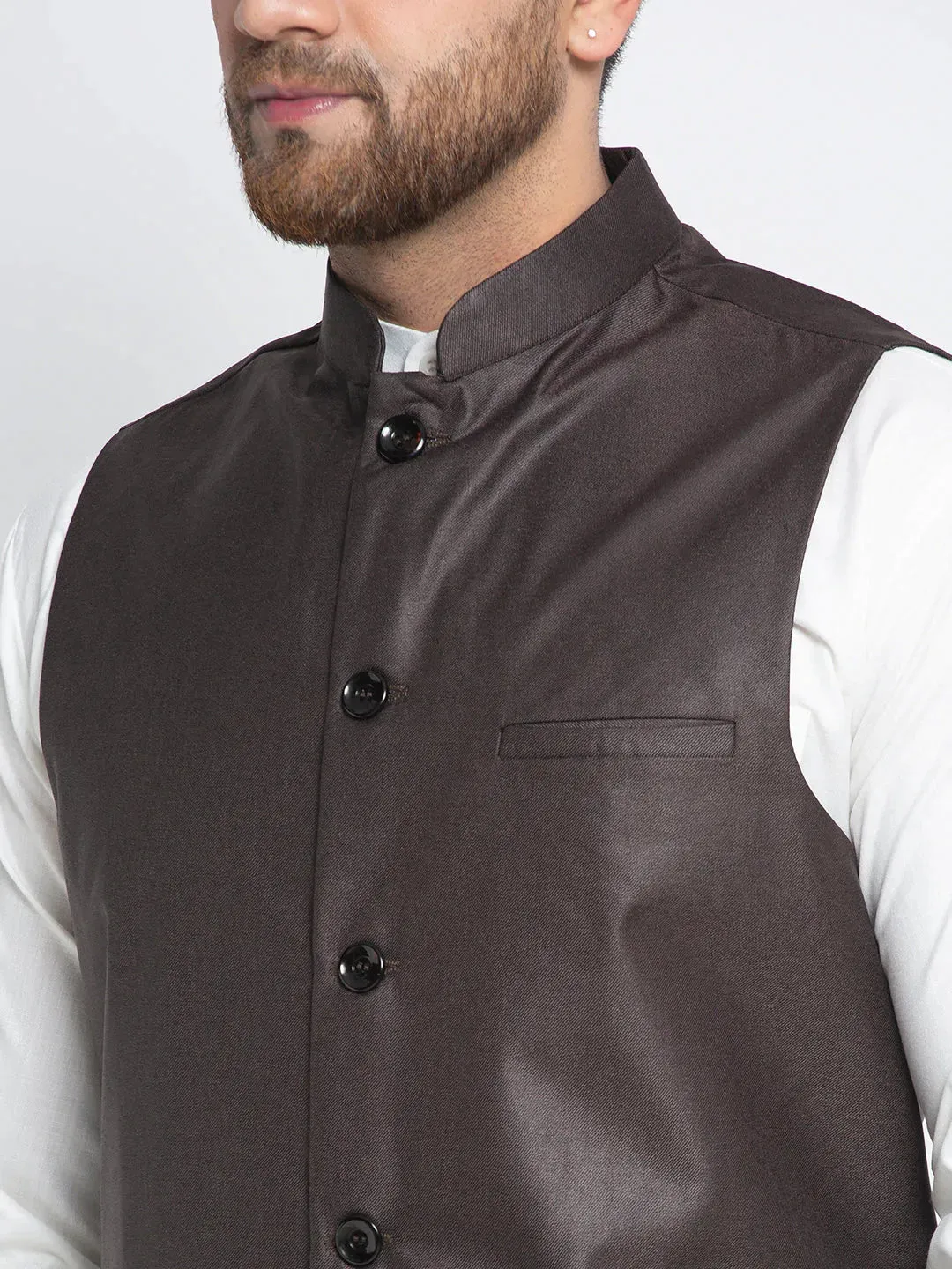 Men'S Solid White Cotton Kurta Payjama With Solid Coffee Waistcoat