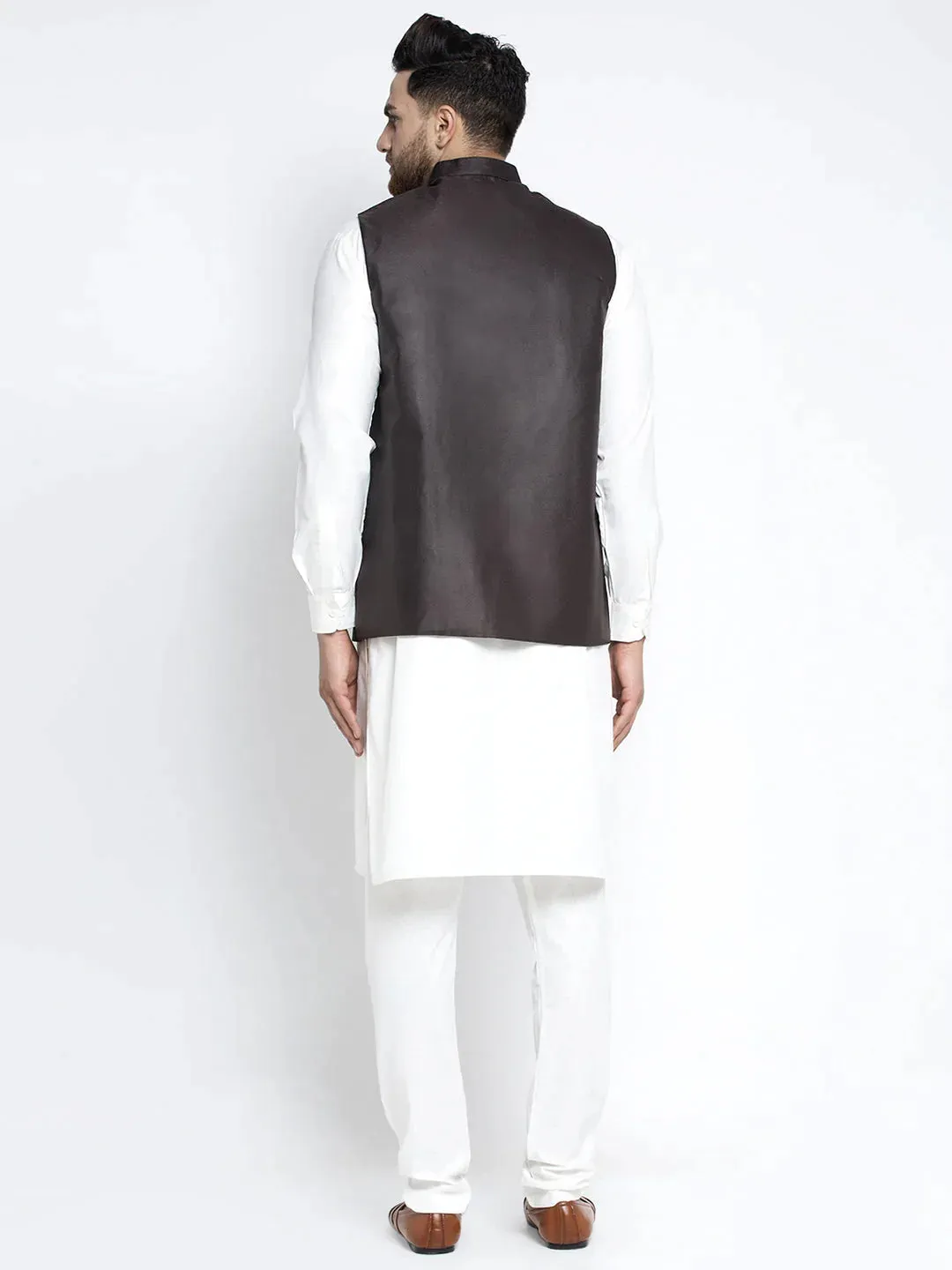 Men'S Solid White Cotton Kurta Payjama With Solid Coffee Waistcoat