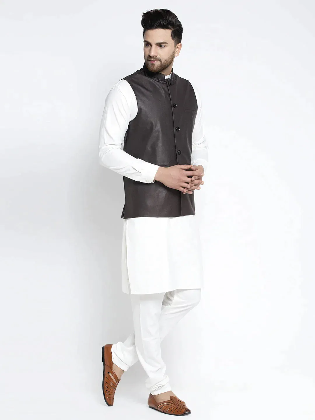 Men'S Solid White Cotton Kurta Payjama With Solid Coffee Waistcoat