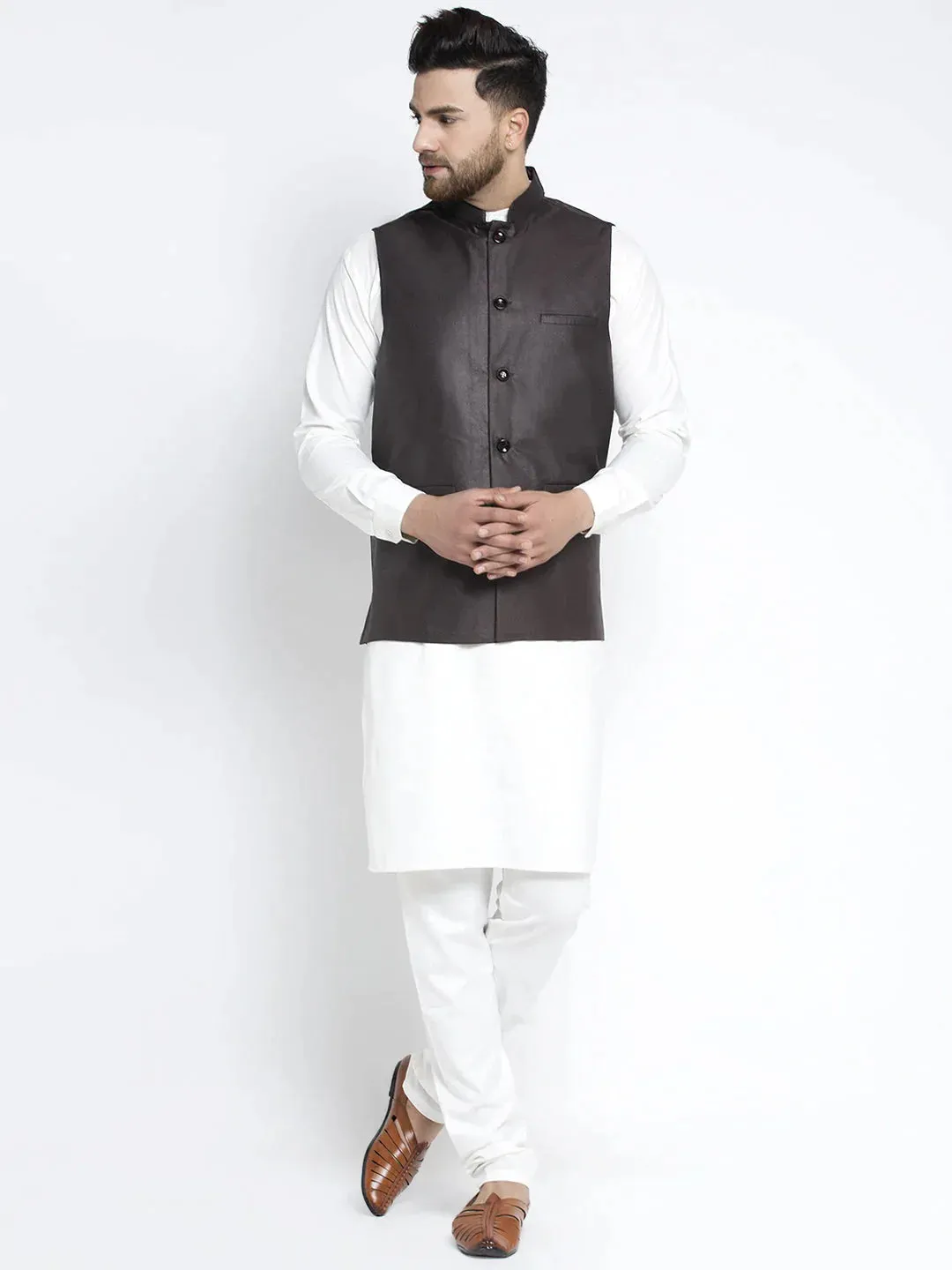 Men'S Solid White Cotton Kurta Payjama With Solid Coffee Waistcoat