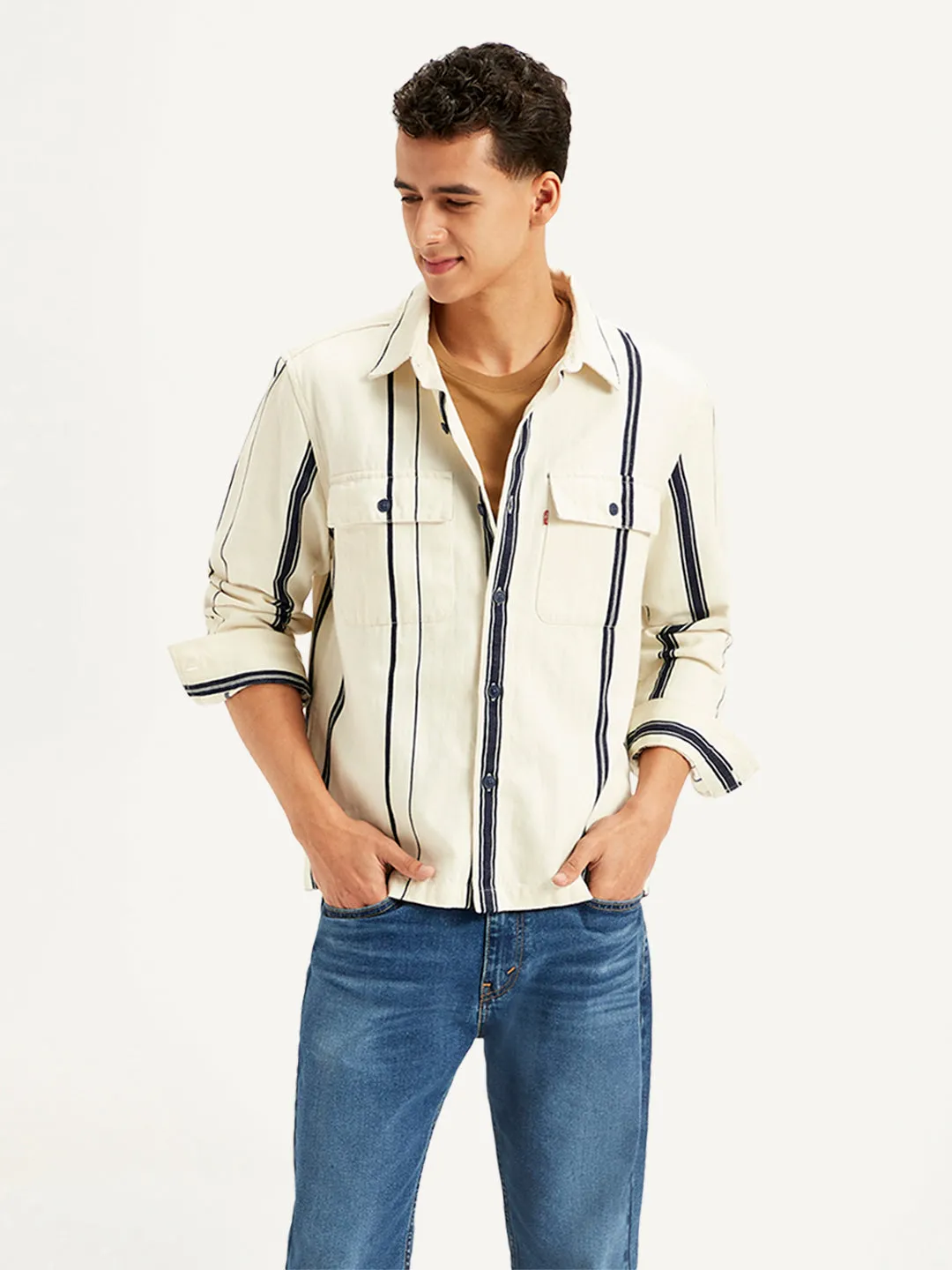 Men's Striped White Regular Fit Shacket