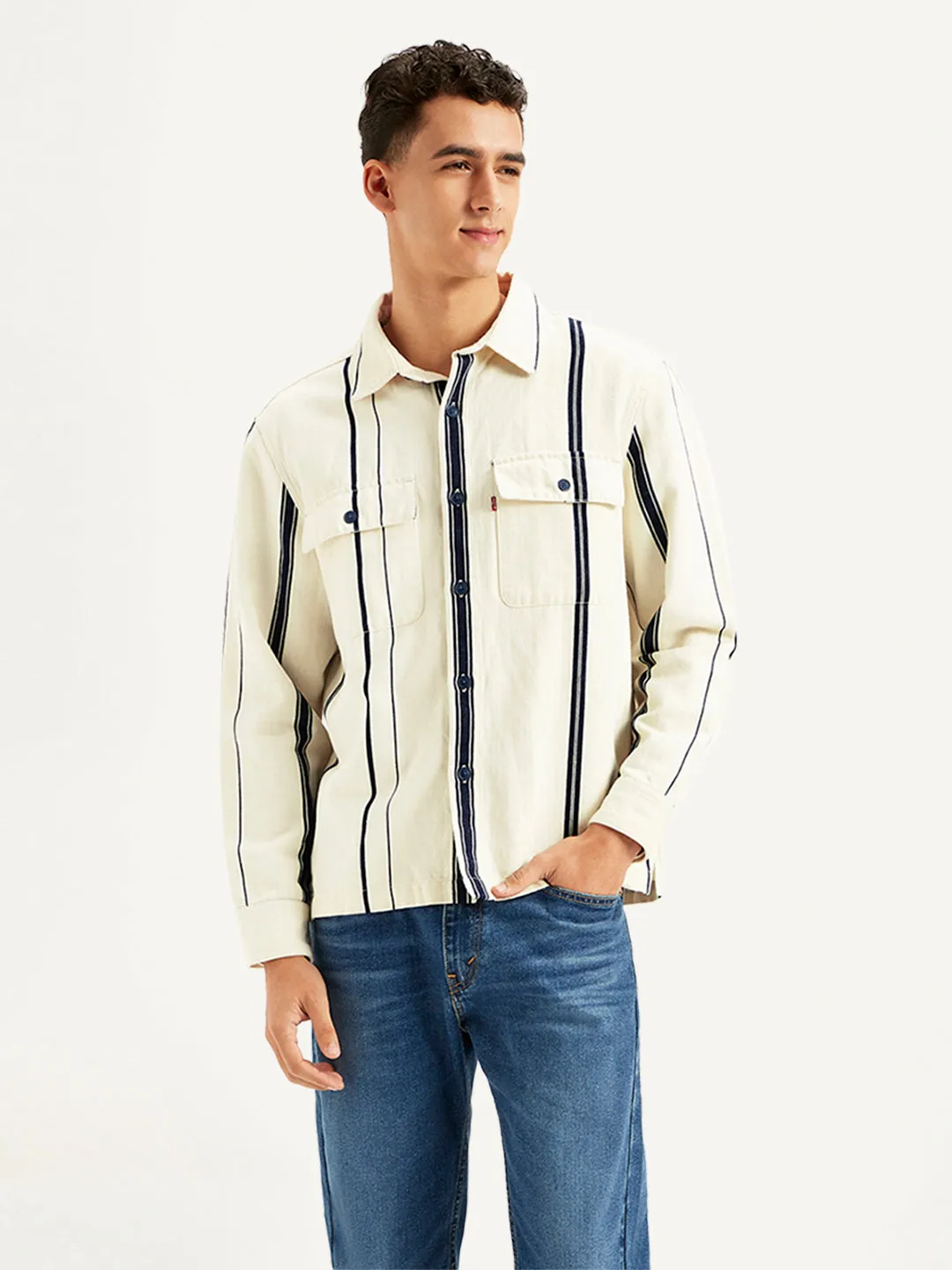 Men's Striped White Regular Fit Shacket